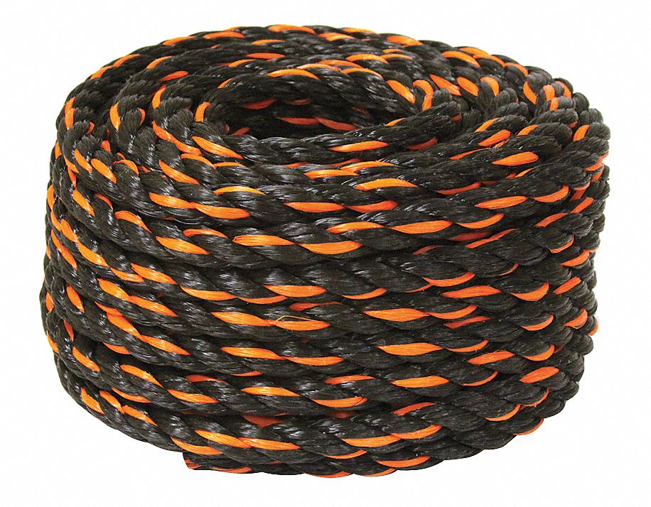Rope: 1/2 in Rope Dia, Black/Orange, 50 ft Rope Lg, 420 lb Working Load Limit, Twisted
