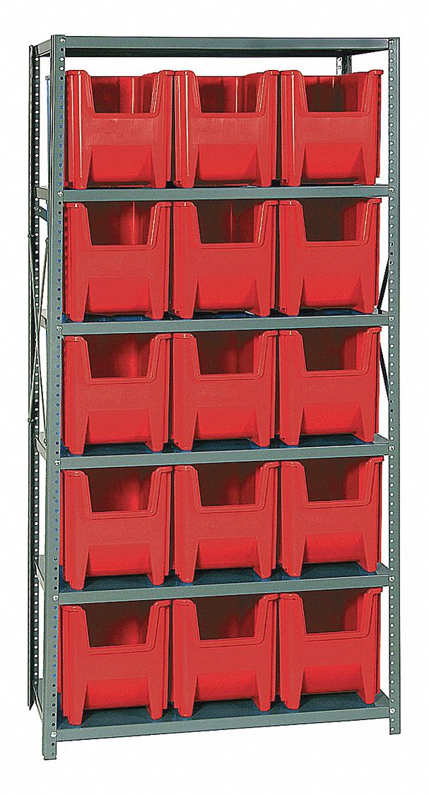 Bin Shelving: 36 in x 18 in x 75 in, 1 Sided, 15 Bins, Open, Red, 6 Shelves
