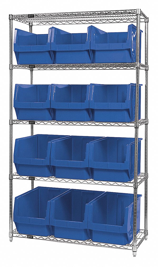 Bin Shelving: 42 in x 18 in x 74 in, 12 Bins, 5 Shelves, Open, Stacking Bin