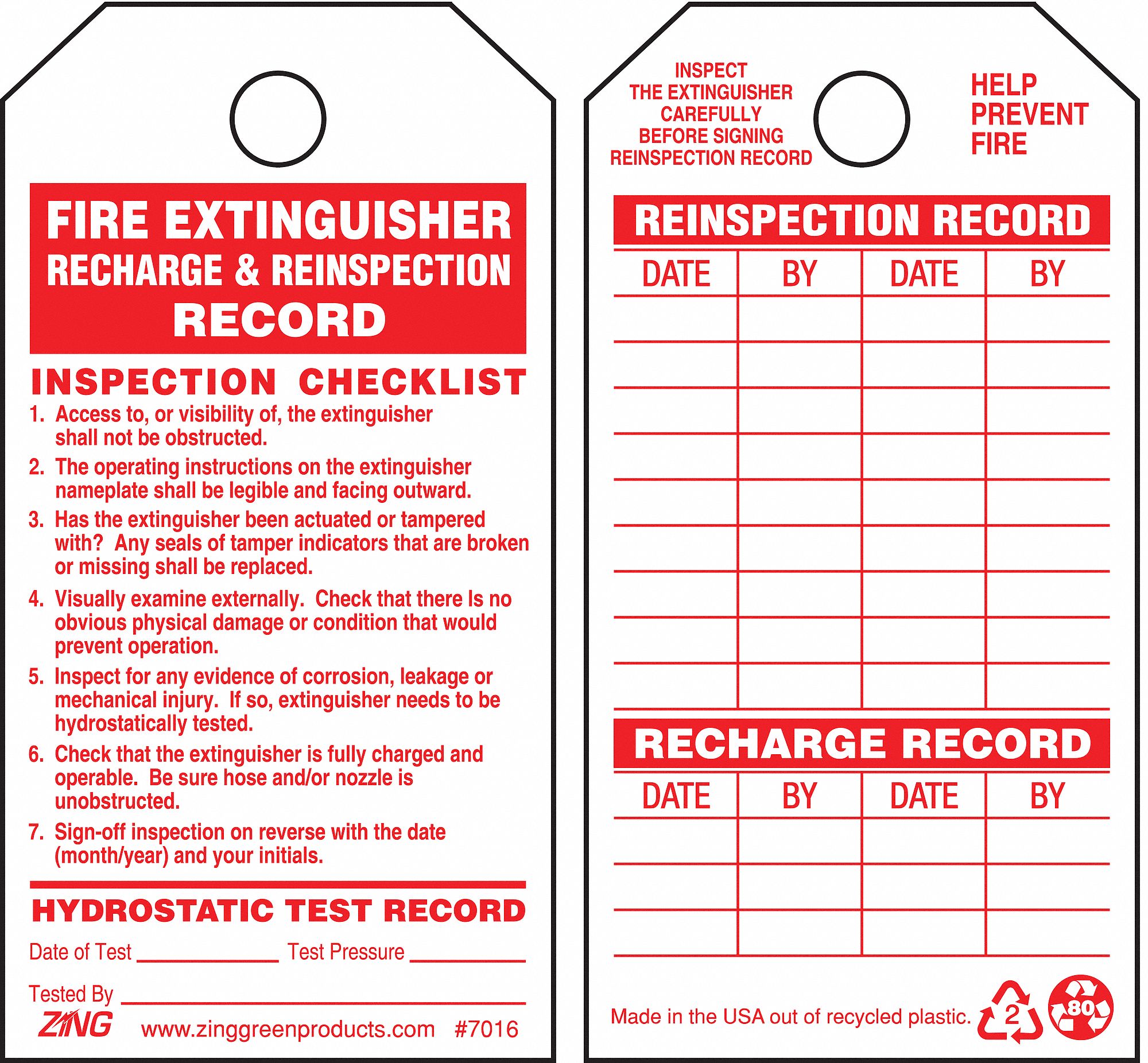 ZING Fire Extinguisher Tag, Plastic, Height 5 3/4 in, Width 3 in, Red/White 9XRX97016