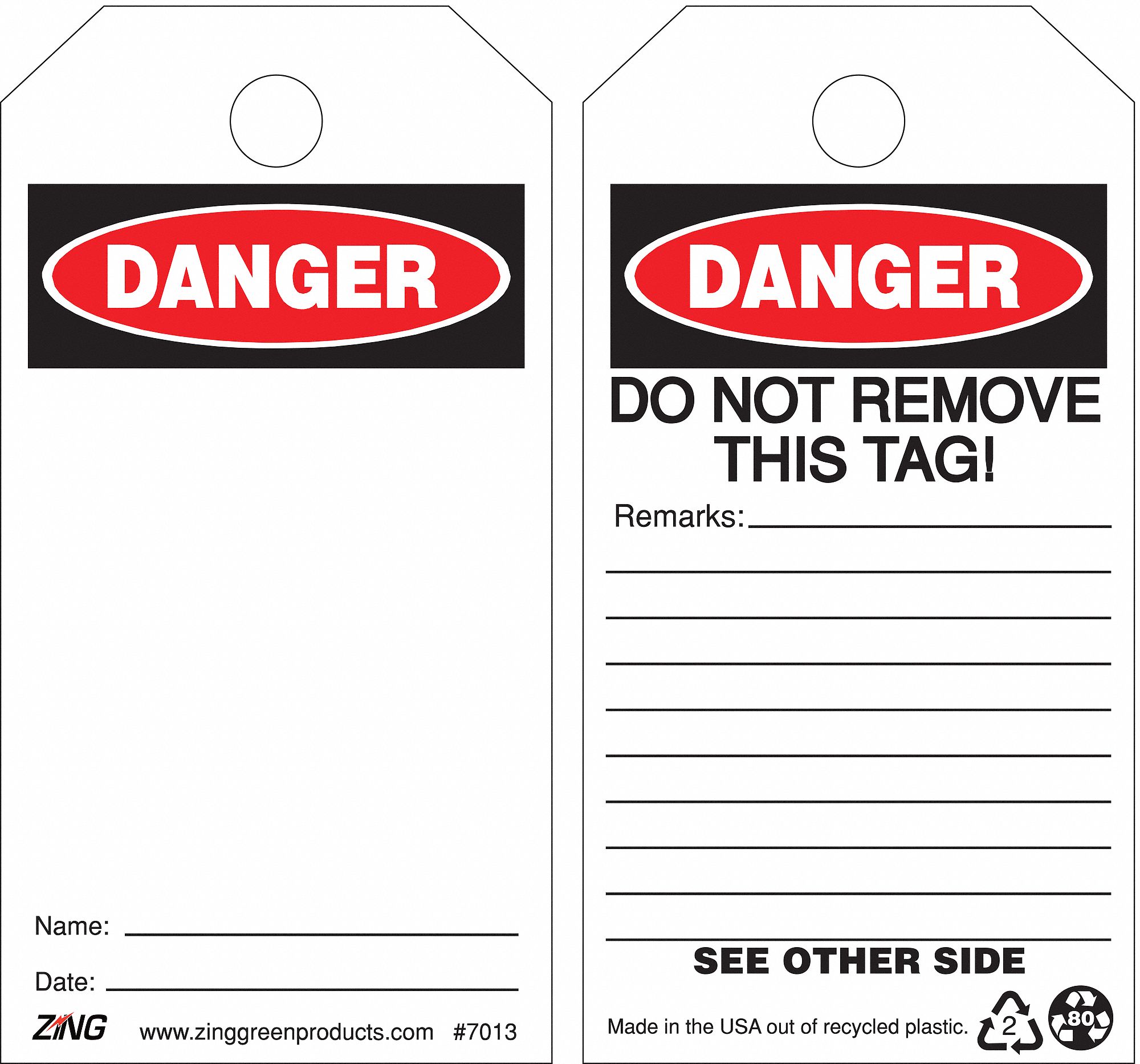 White, Single Part Tag, Danger Tags - 9XWU0|7013 - Grainger