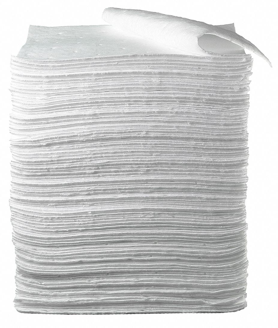 OIL ABSORBENT PAD, 37 GALLON ABSORBED PER PAD, 37 GALLON, BOX, WHITE, 100 PK