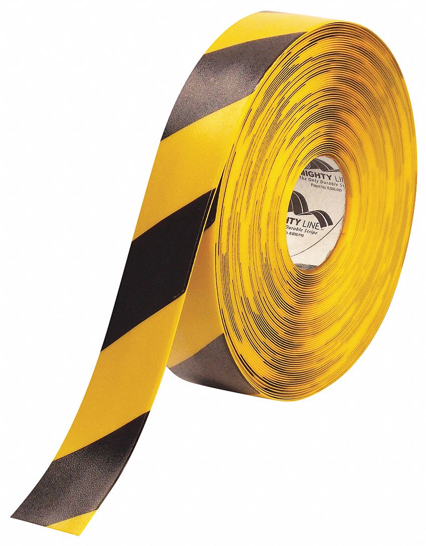 FLOOR TAPE, STRIPED PATTERN, BLACK AND YELLOW, 100 FT L, 2 IN W