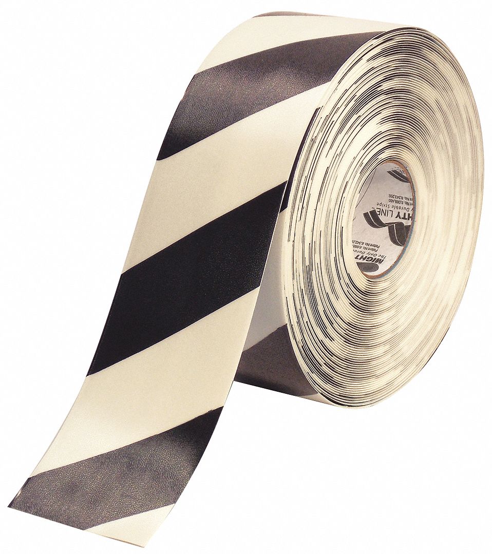 RUBAN DE PLANCHER,MOTIF DE RAYURES,NR ET BLC,100 PI DE LONG,4 PO L.