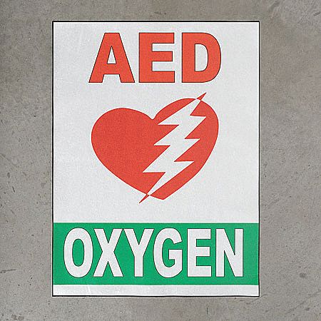 FLOOR AED SIGN, 24 IN WIDTH, 18 IN HEIGHT, GREEN/WHITE