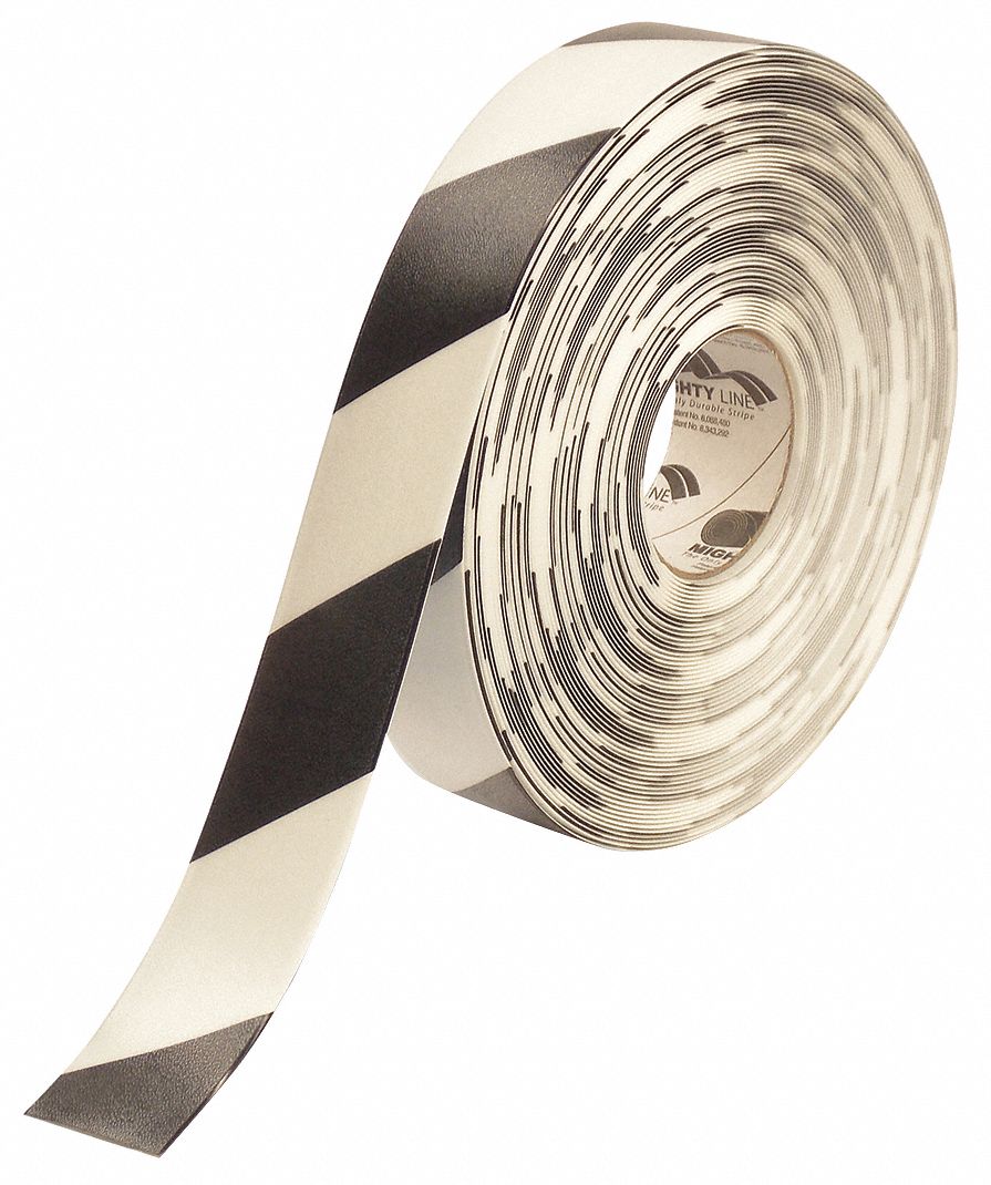 FLOOR TAPE, STRIPED PATTERN, BLACK AND WHITE, 100 FT L, 2 IN W