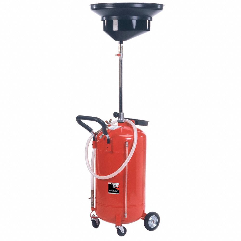 Waste Oil Drain: 24 gal Capacity, 24 in Overall Dia, 18 1/2 in Overall Ht, 19 in Overall Lg, Red