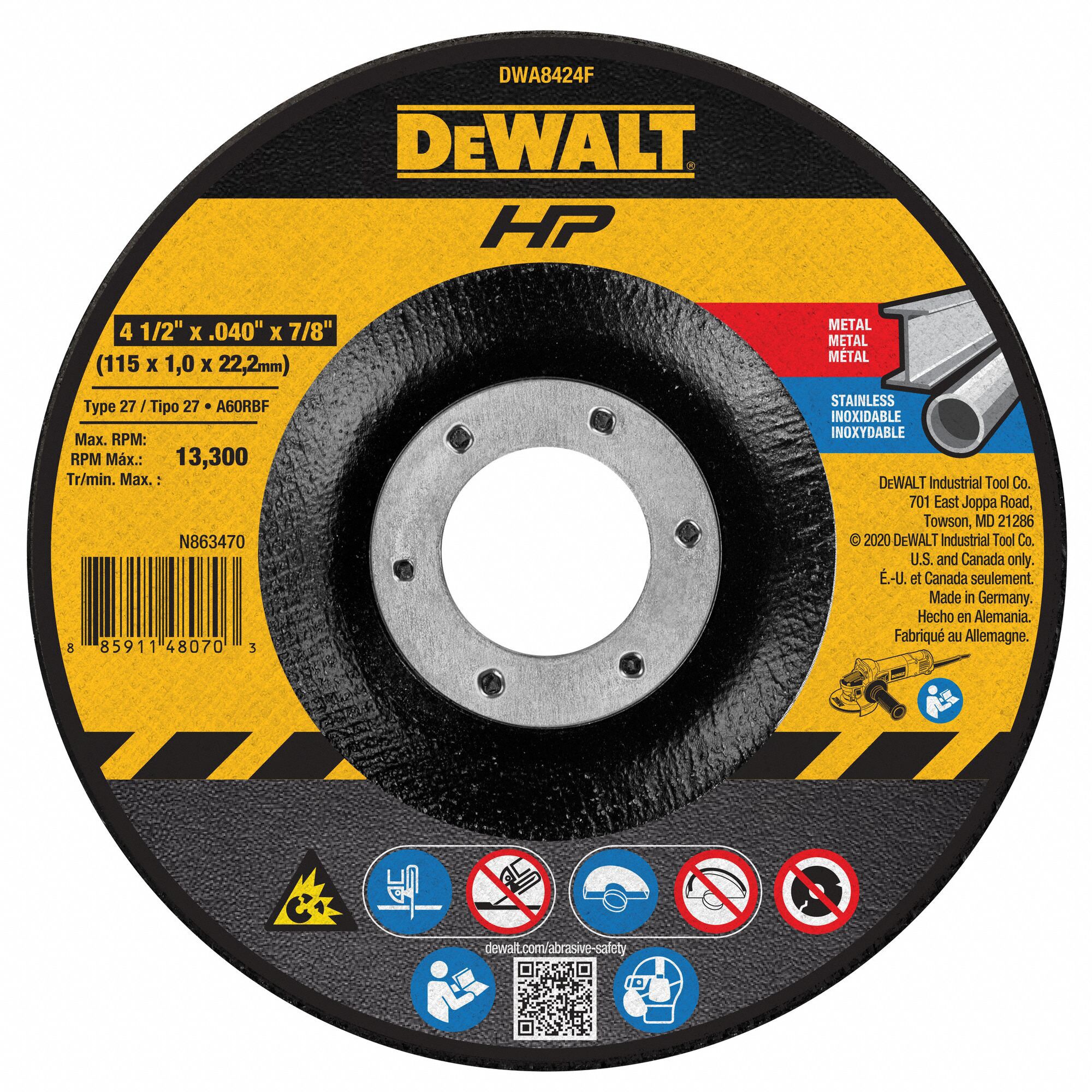 Depressed Center Cut-Off Wheel: Type 27, 4 1/2" x 0.04" x 7/8", Aluminum Oxide, 60 Grit, A60T