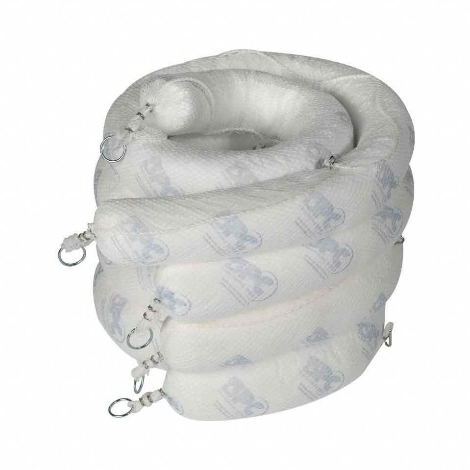 Sorbent Boom: 5 in Dia, 20 ft Lg, 32 gal Volume Absorbed per Pkg., White, 2 PK