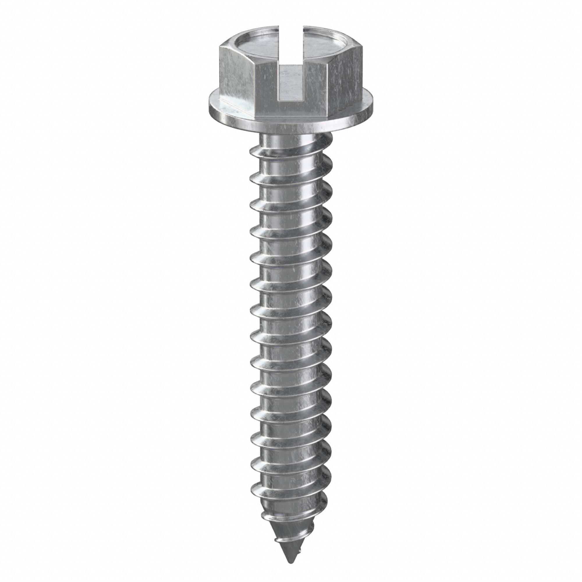 Sheet Metal Screw: #12 Size, 1 1/4 in Lg, Steel, Zinc-Plated, Slotted, Hex Washer, 100 PK