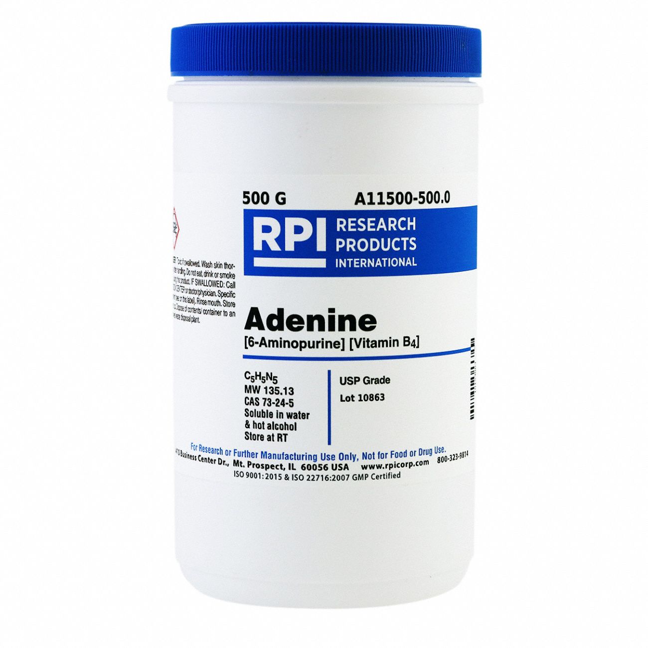 Vitamin Supplements: 500 g Volume, 73-24-5, USP, Crystalline Powder, Can, Plastic, Reagent