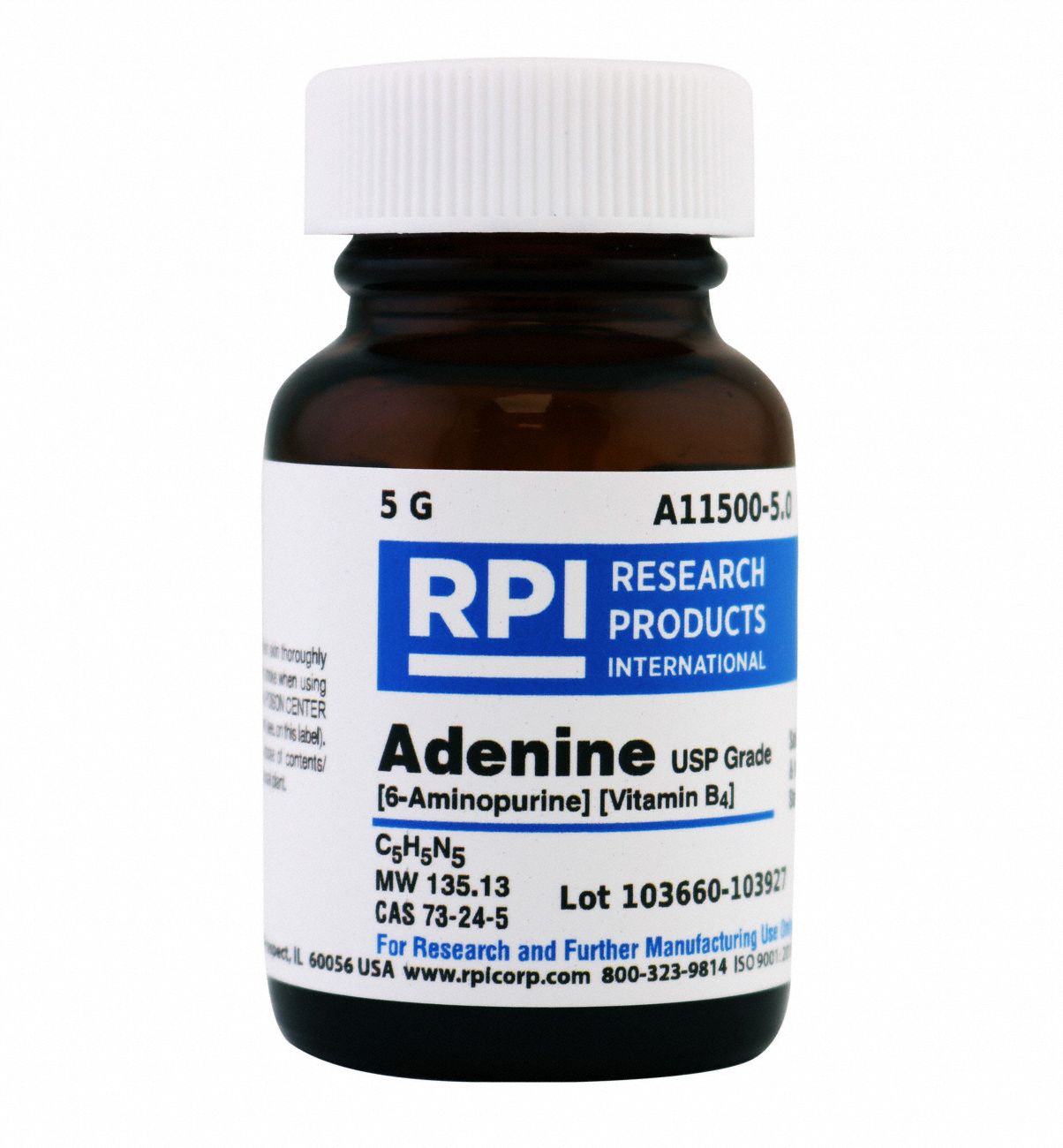 Vitamin Supplements: 5 g Volume, 73-24-5, USP, Crystalline Powder, Bottle, Glass, Reagent