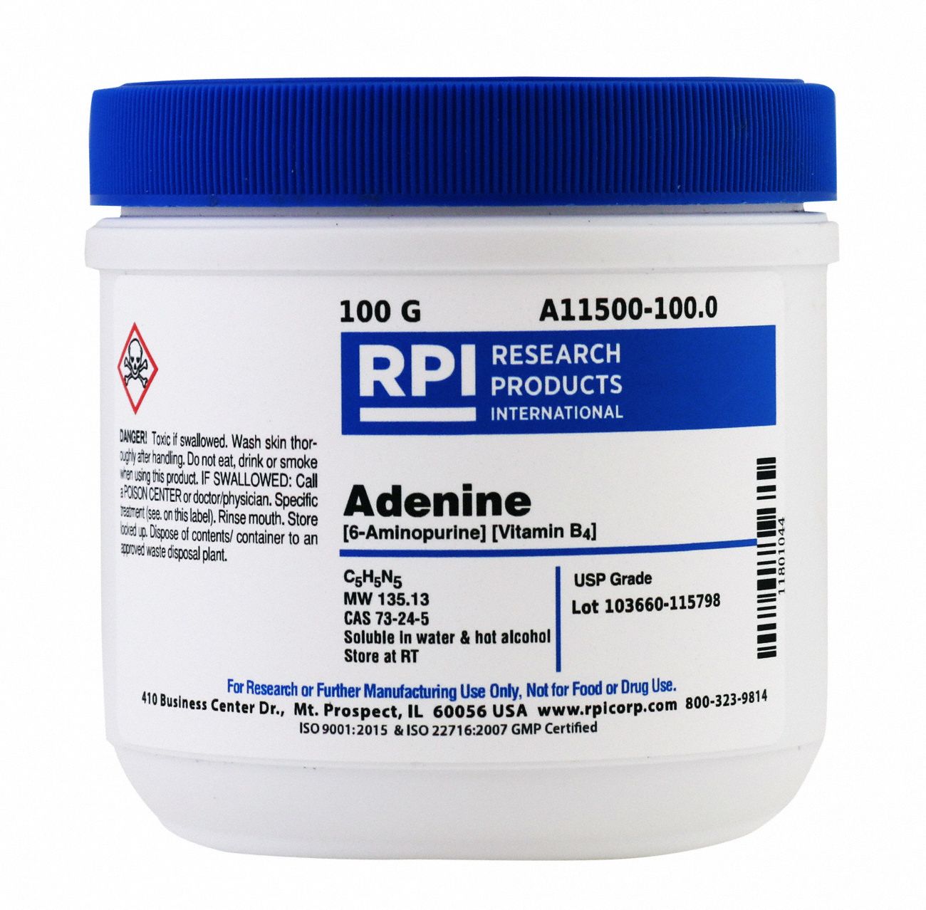 Vitamin Supplements: 100 g Volume, 73-24-5, USP, Crystalline Powder, Bottle, Plastic, Reagent