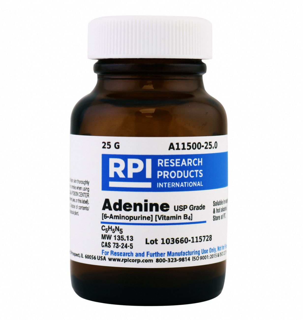Vitamin Supplements: 25 g Volume, 73-24-5, USP, Crystalline Powder, Bottle, Glass, Reagent