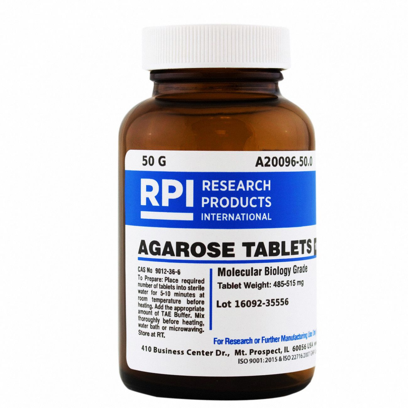 Agarose: Lab, 50 g, 9012-36-6, Tablet, Glass, 18 mo Shelf Life, 1