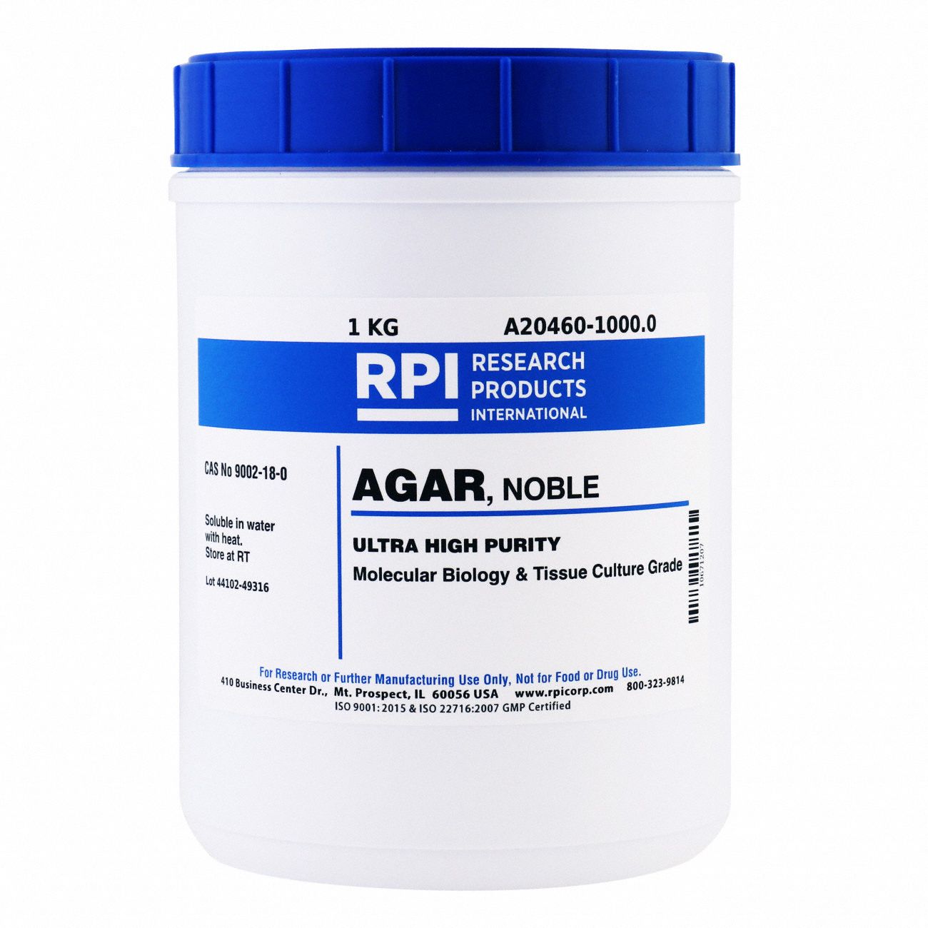 Agar - Noble: Lab, 1 kg, 9002-18-0, Powder, Plastic, 18 mo Shelf Life, 1