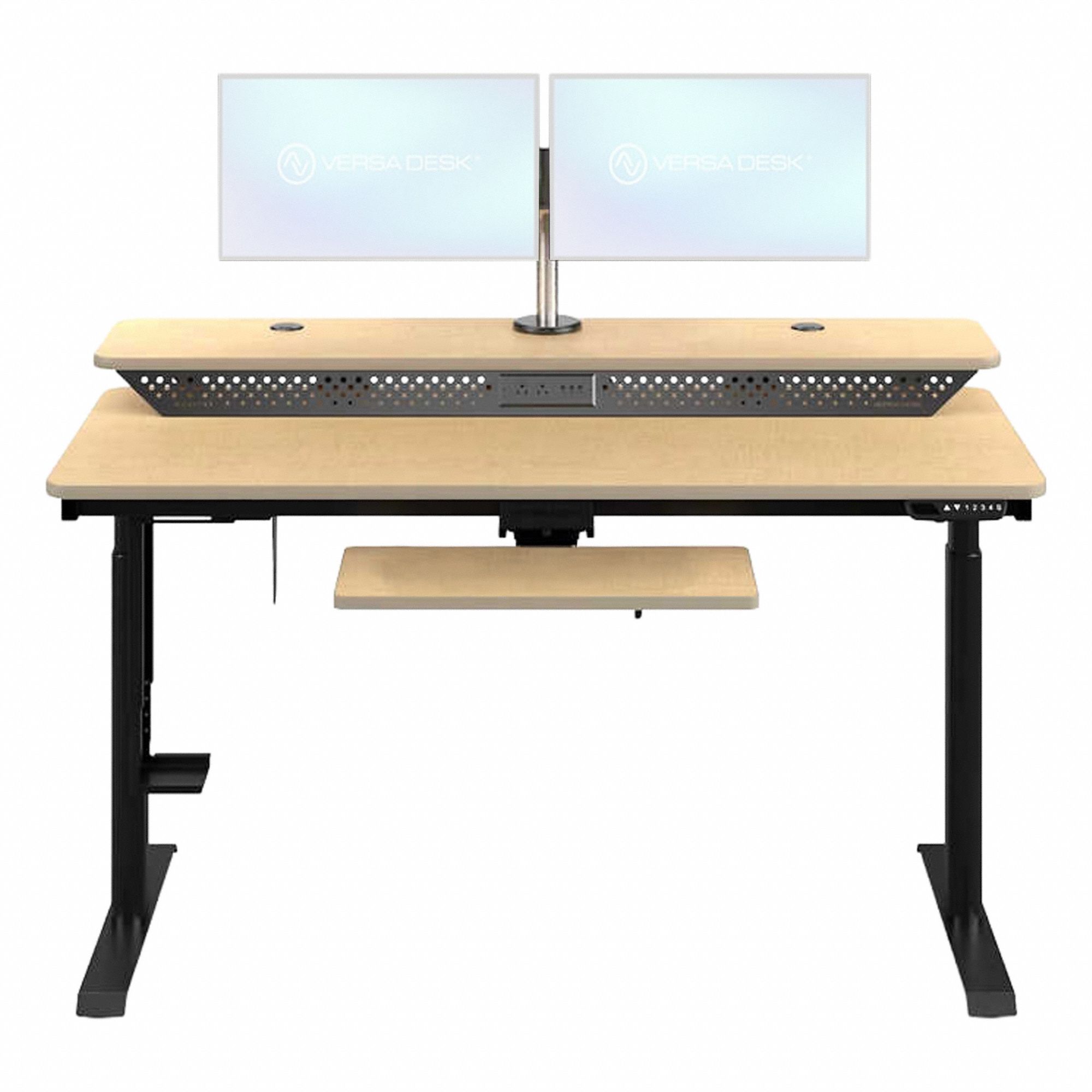 Electric Sit-Stand Desk: Maple, Wood, 48 in Overall Wd, 30 in Overall Dp, Laminate/Steel