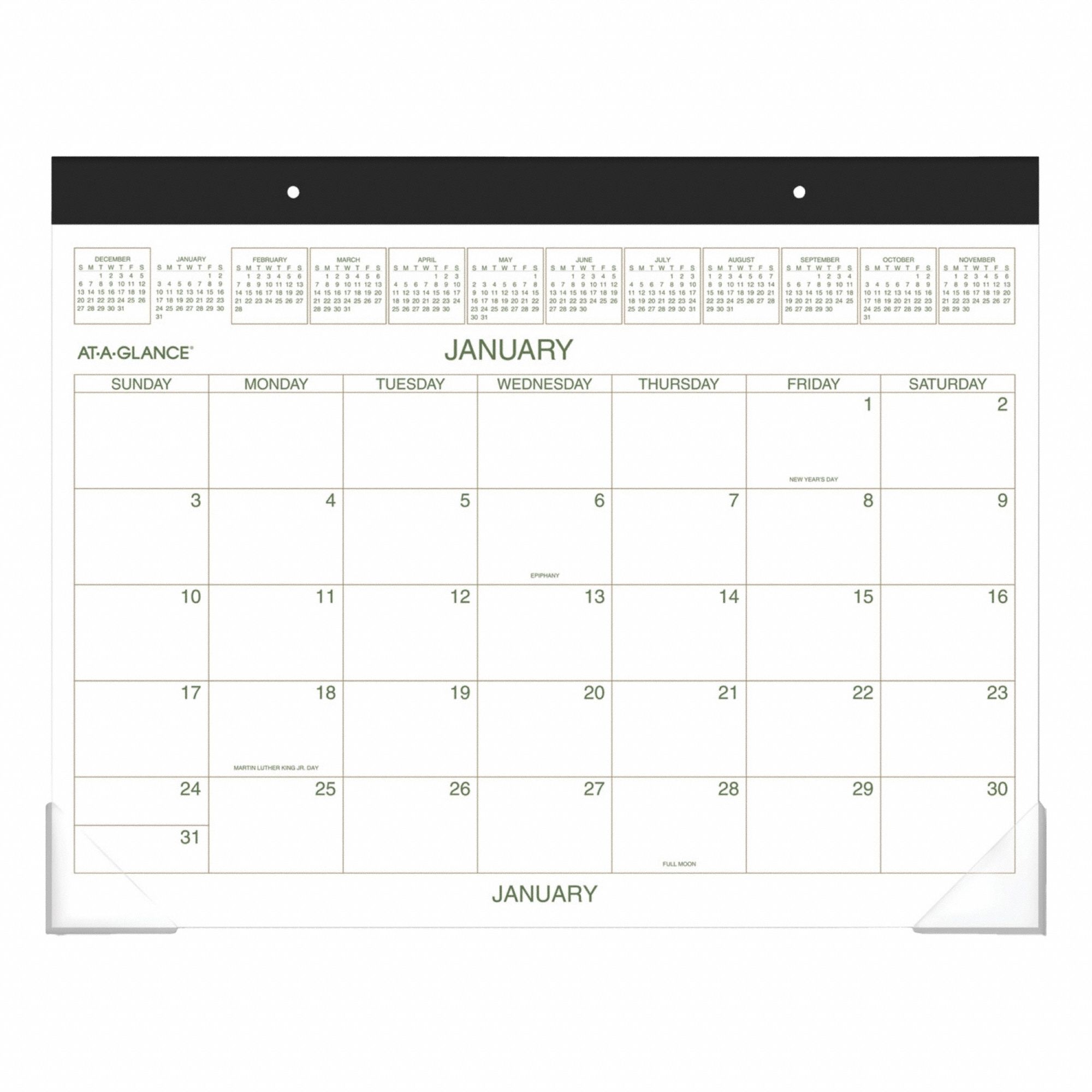 Desk Pad Calendar: 22 in Sheet Ht, 17 in Sheet Wd, 12-Month (Jan-Dec), White Cover