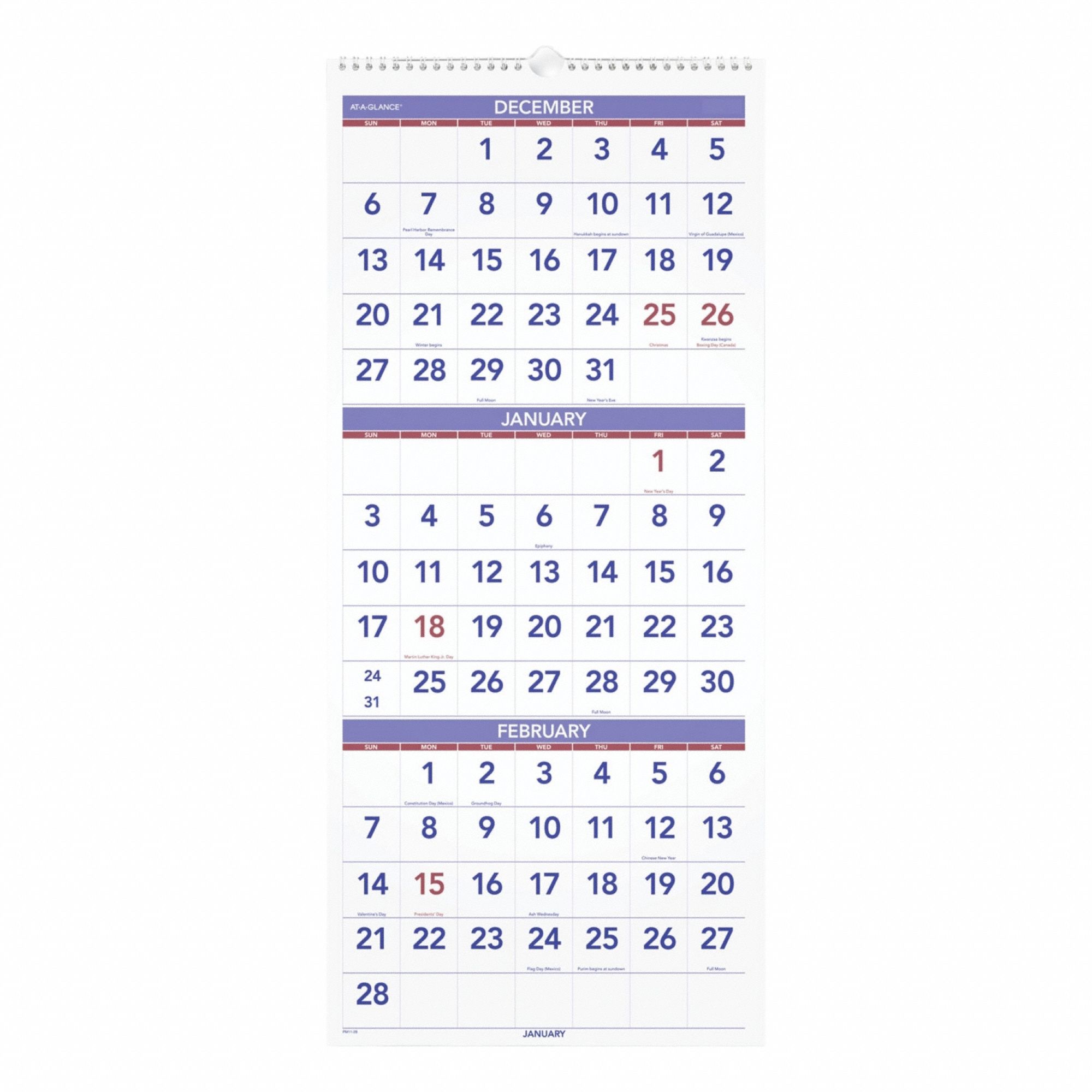Wall Calendar: 27 in Sheet Ht, 12 in Sheet Wd, 14-Month (Dec-Jan), One Quarter per Page