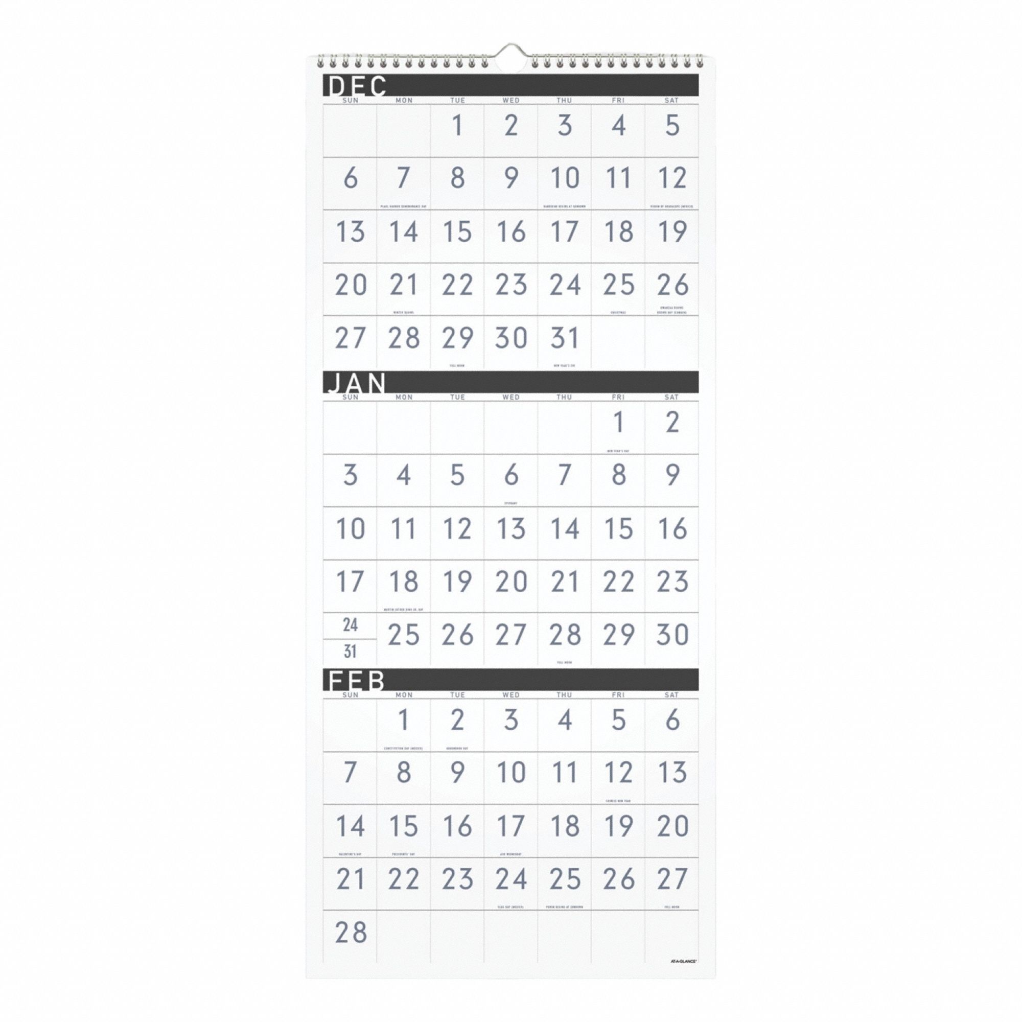 Wall Calendar: 27 in Sheet Ht, 12 in Sheet Wd, 15-Month (Dec-Feb), One Quarter per Page