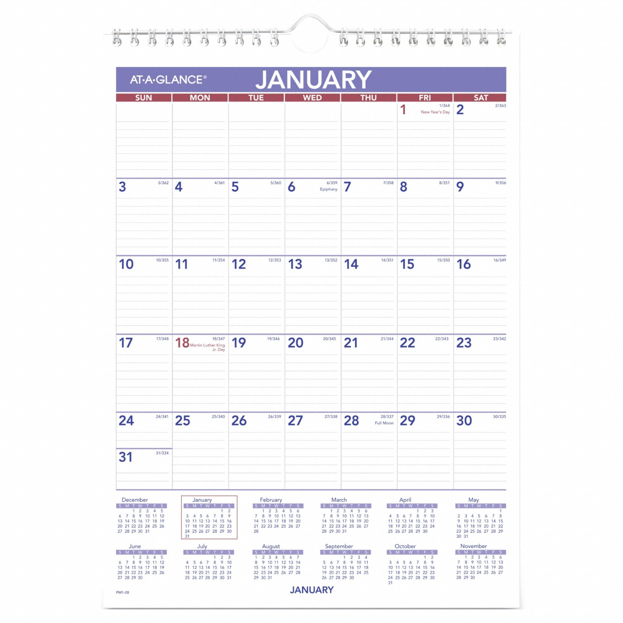 Wall Calendar: 11 in Sheet Ht, 8 in Sheet Wd, 12-Month (Jan-Dec), One Month per Page