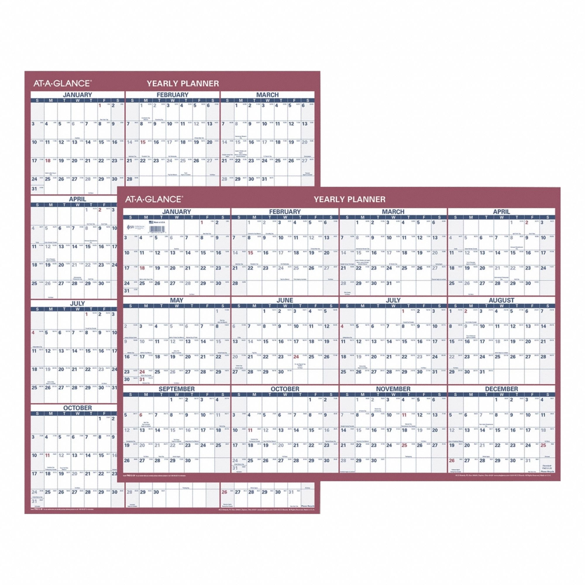 Wall Calendar: 36 in Sheet Ht, 24 in Sheet Wd, 12-Month (Jan-Dec), One Year per Page