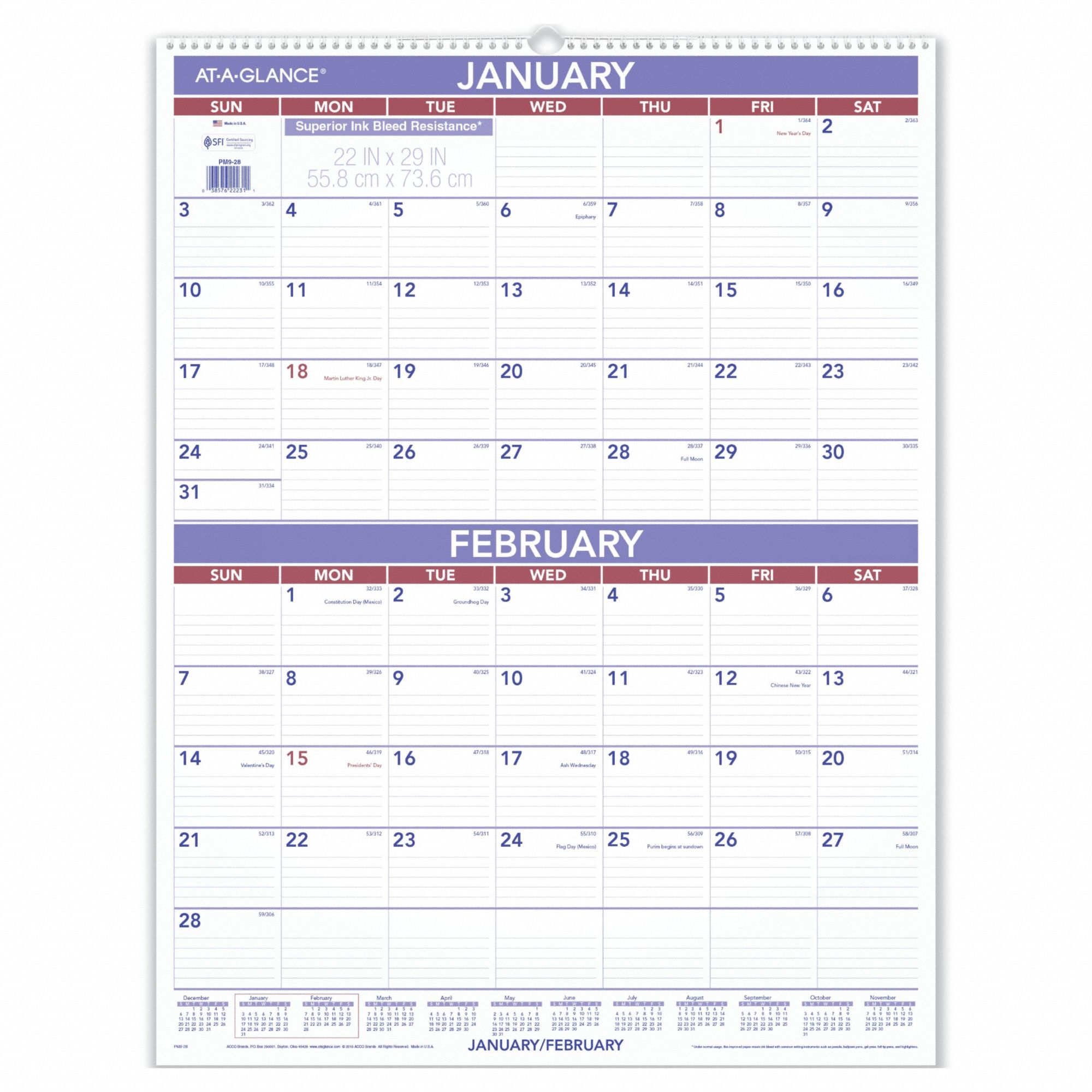 Wall Calendar: 29 in Sheet Ht, 22 in Sheet Wd, 12-Month (Jan-Dec), Two Months per Page