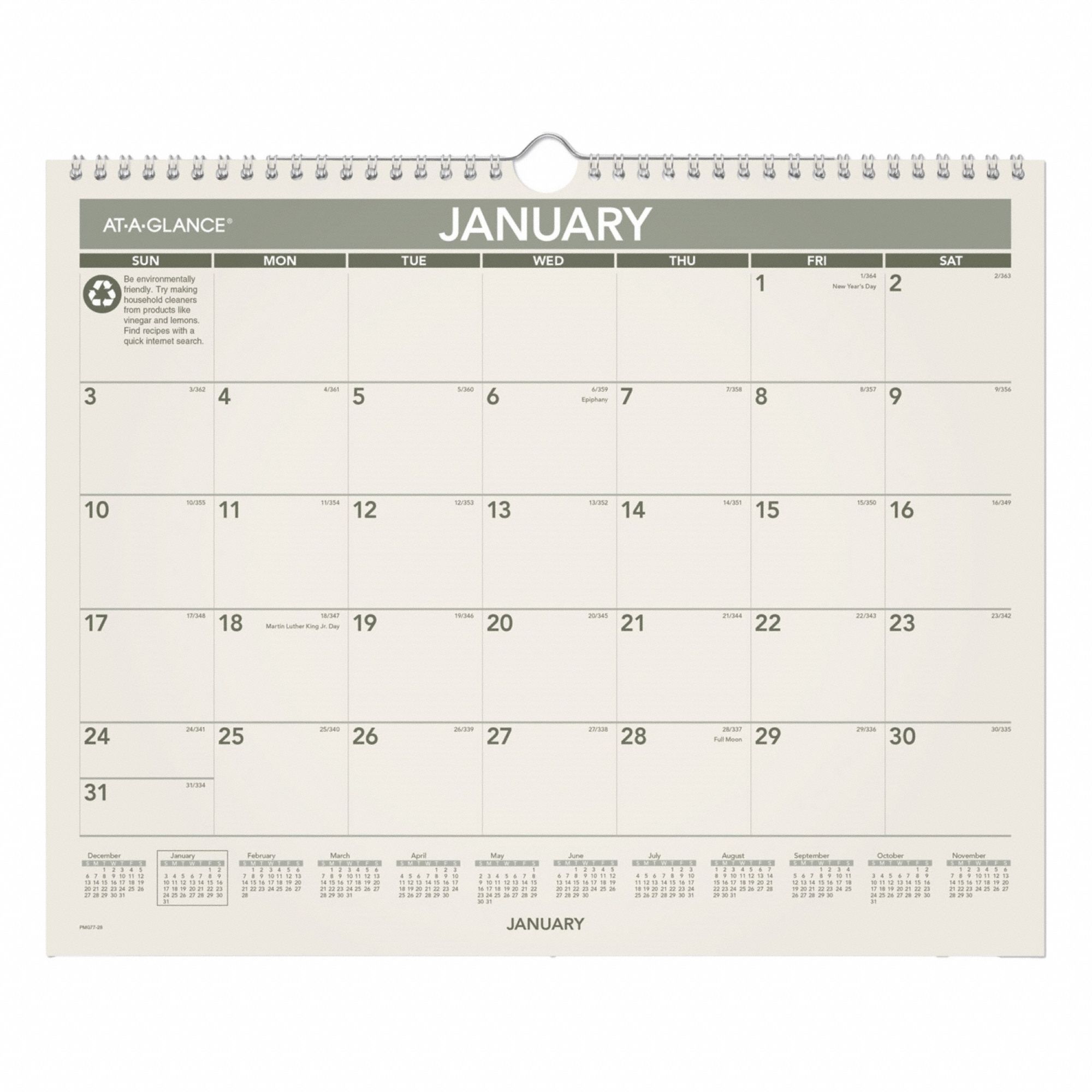 Wall Calendar: 15 in Sheet Ht, 12 in Sheet Wd, 12-Month (Jan-Dec), One Month per Page