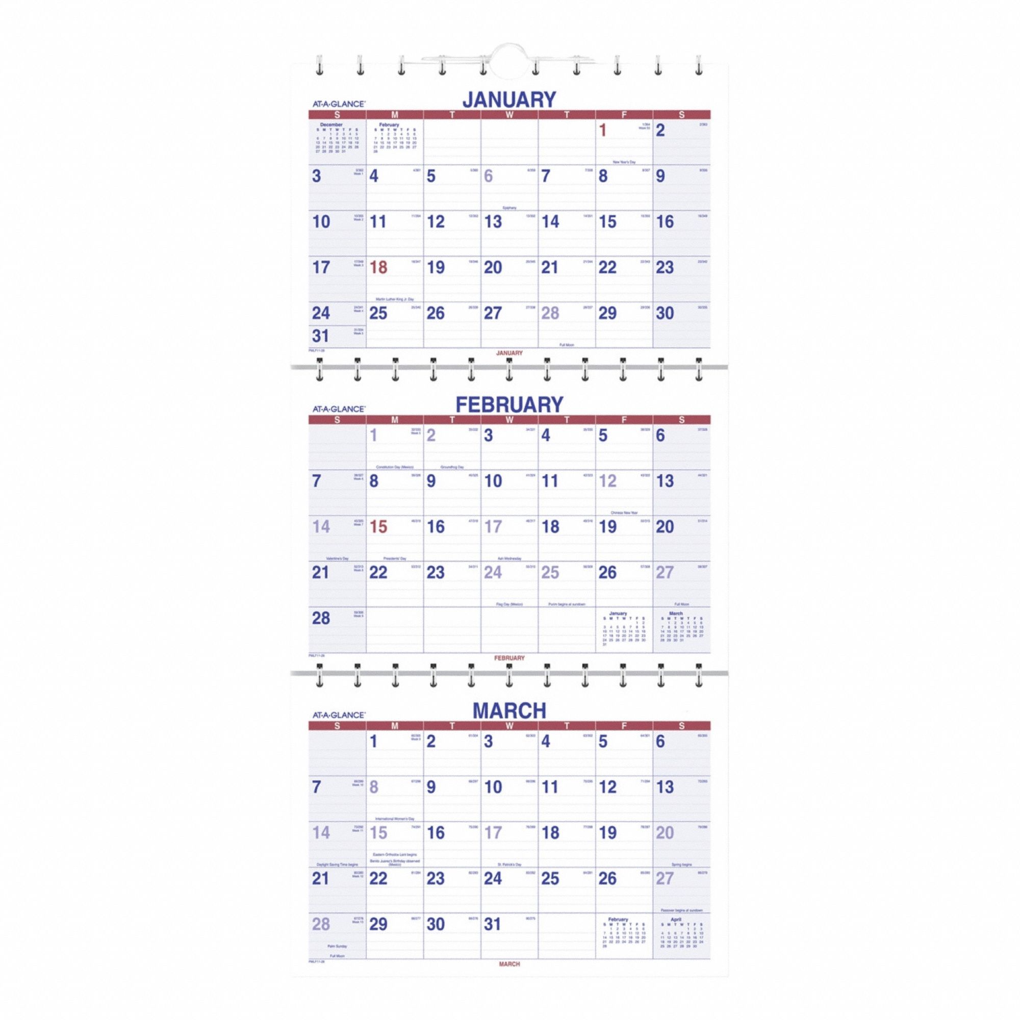 Wall Calendar: 27 in Sheet Ht, 12 in Sheet Wd, 15-Month (Dec-Feb), One Quarter per Page