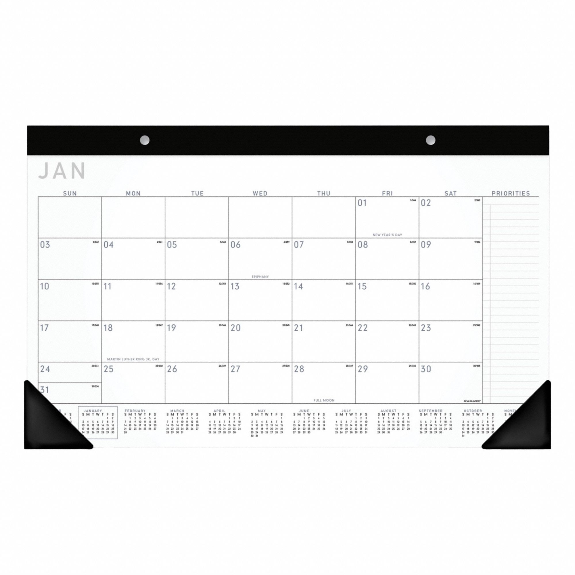 Desk Pad Calendar: 18 in Sheet Ht, 11 in Sheet Wd, 12-Month (Jan-Dec), White Cover
