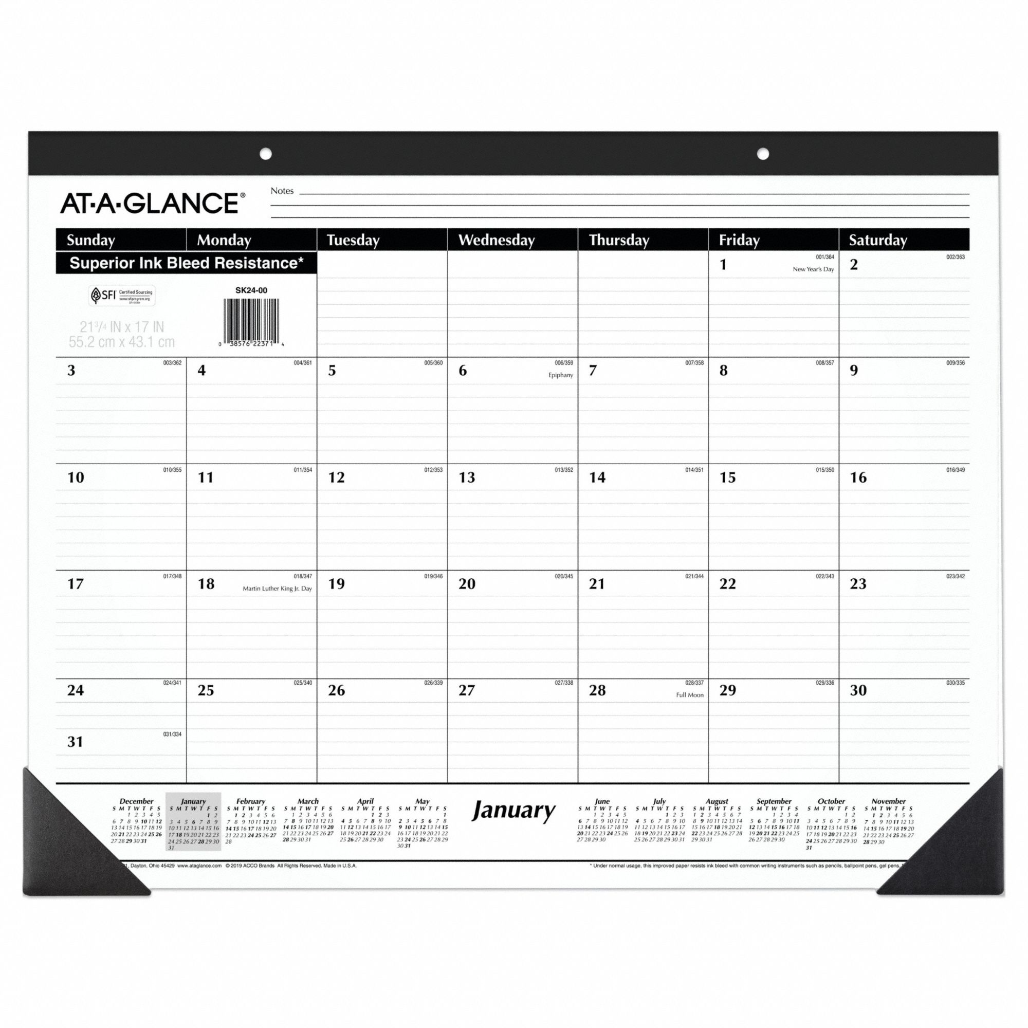 Desk Pad Calendar: 22 in Sheet Ht, 17 in Sheet Wd, 12-Month (Jan-Dec), White Cover