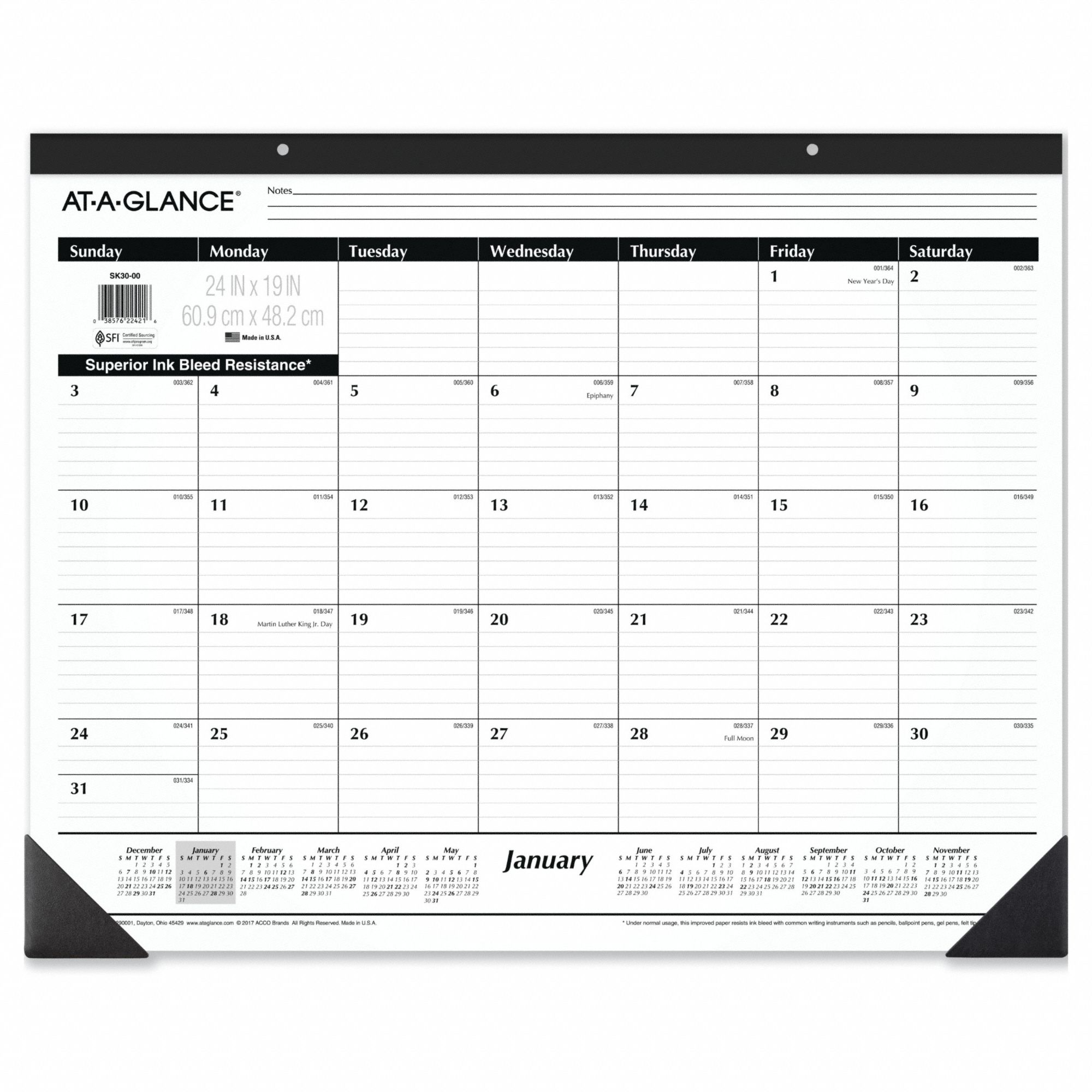 Desk Pad Calendar: 24 in Sheet Ht, 19 in Sheet Wd, 12-Month (Jan-Dec), White Cover