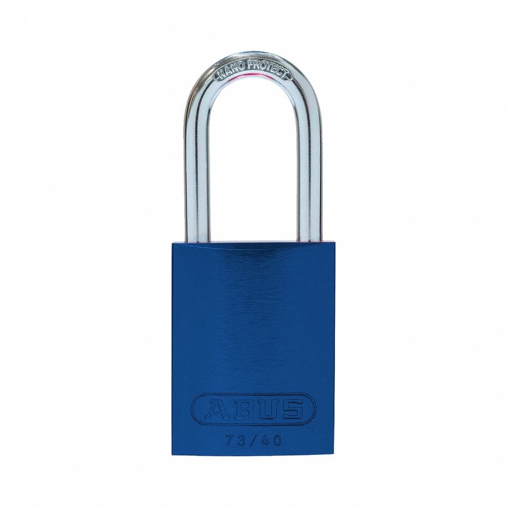 Lockout Padlock: Keyed Different, Aluminum, Std Body Body Size, Hardened Steel, Std, Blue, ABUS