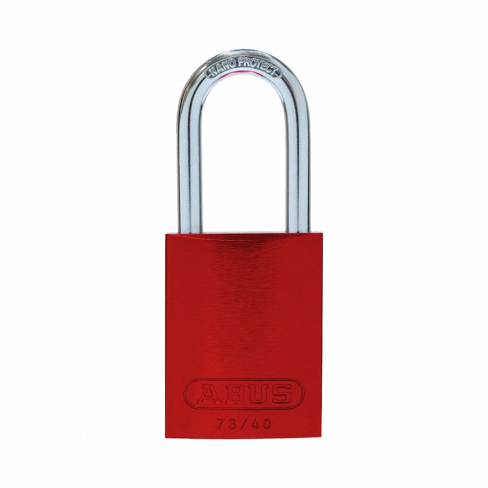 Lockout Padlock: Keyed Different, Aluminum, Std Body Body Size, Hardened Steel, Std, Red, ABUS
