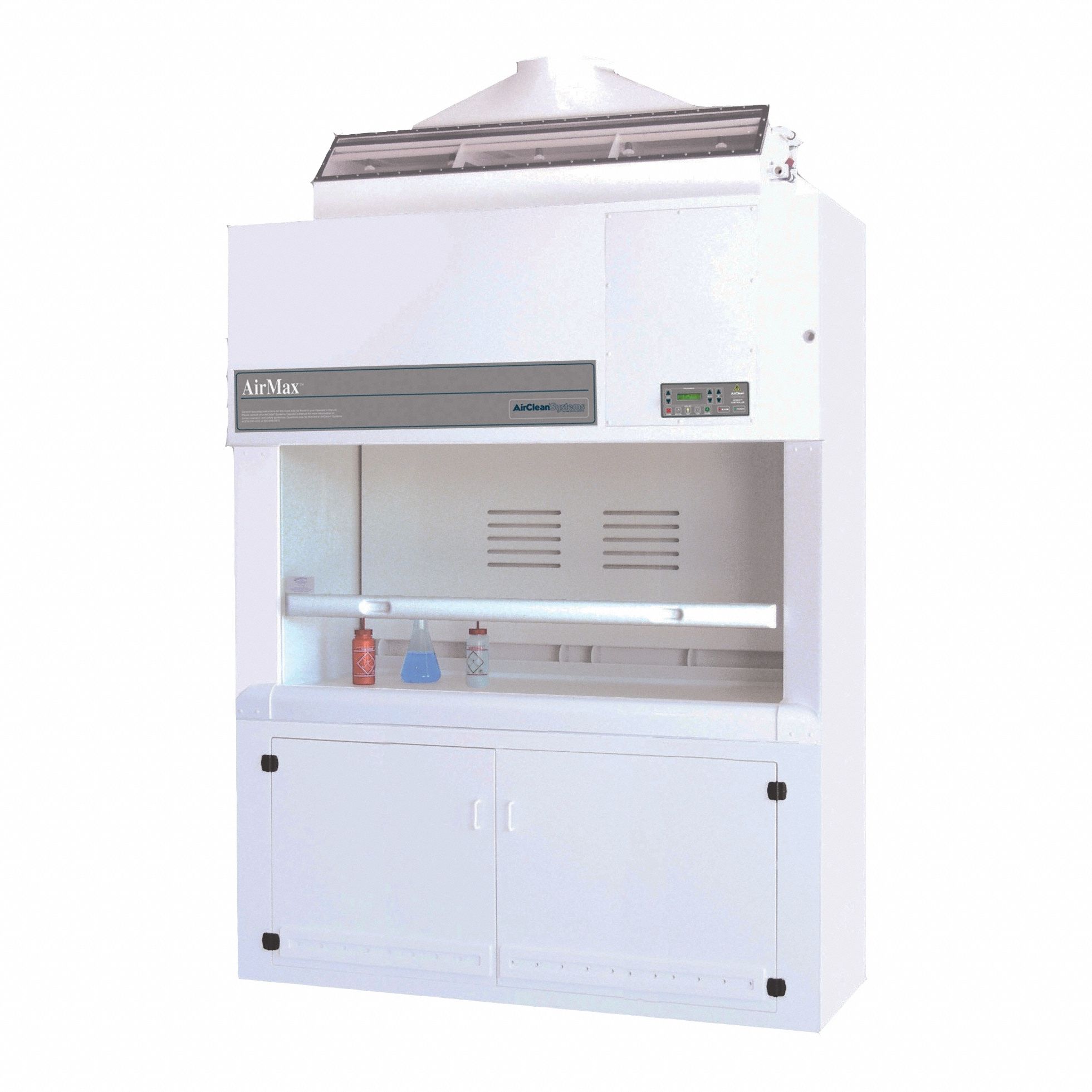 AIRCLEAN SYSTEMS Ducted Fume Hood: 72 in Overall Wd, Work Surface Included Yes, Blower Included Yes (MPN AC6030TEML). Key specifications — Brand: AIRCLEAN SYSTEMS; Includes: Recirculation Tank and Pump (Base Cabinet); Series: AirMax; Work Surface Included: Yes; Blower Included: Yes.
