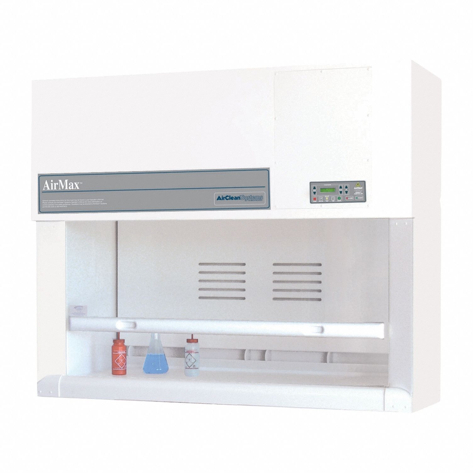 AIRCLEAN SYSTEMS Ducted Fume Hood: 72 in Overall Wd, Work Surface Included Yes, Blower Included Yes (MPN AC6030TE). Key specifications — Brand: AIRCLEAN SYSTEMS; Includes: Vertical Sliding Safety Glass Sash; Series: AirMax; Work Surface Included: Yes; Blower Included: Yes.