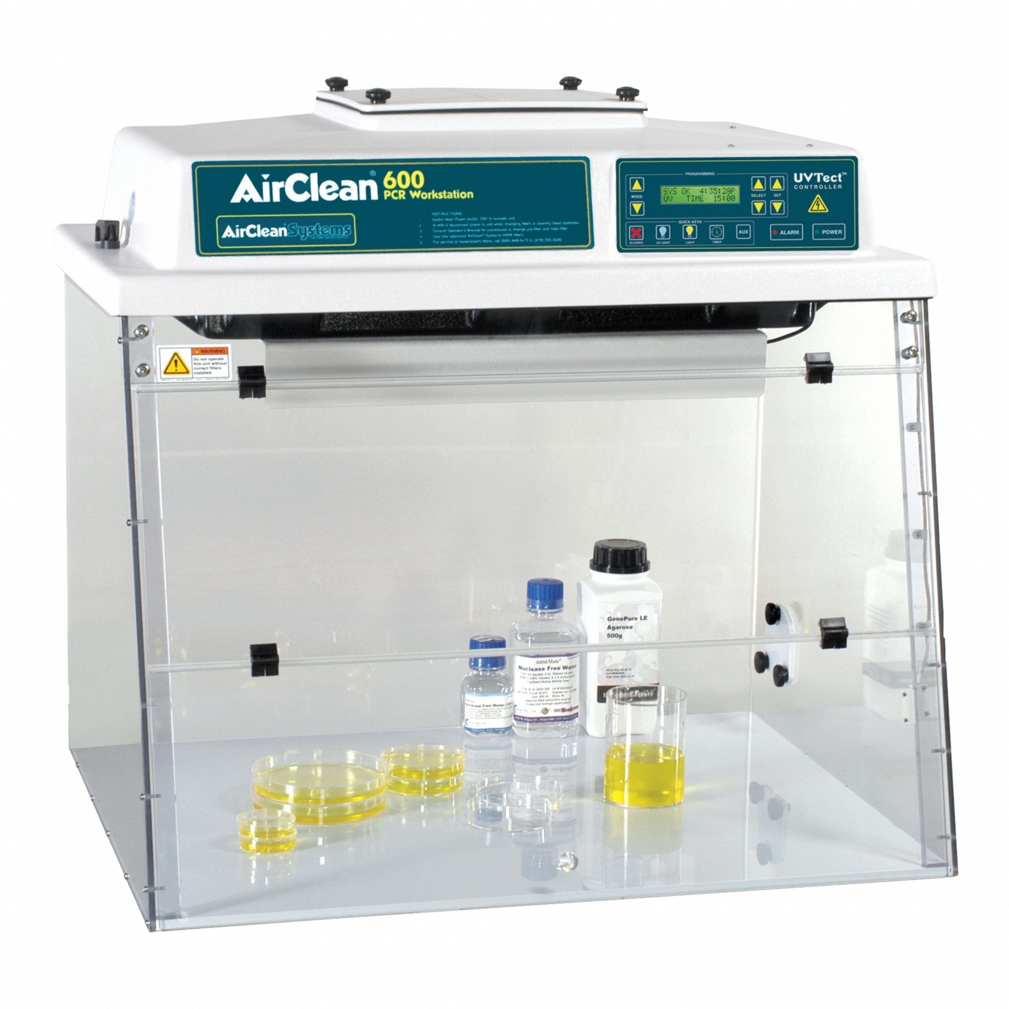 AIRCLEAN SYSTEMS Laminar Flow Workstation: AC600, 32 in Overall Wd, 24 in Overall Dp, HEPA/Prefilter (MPN AC632LFC). Key specifications — Assembly: Fully Assembled; Brand: AIRCLEAN SYSTEMS; Base/Stand Included: Yes; Work Surface Included: Yes.