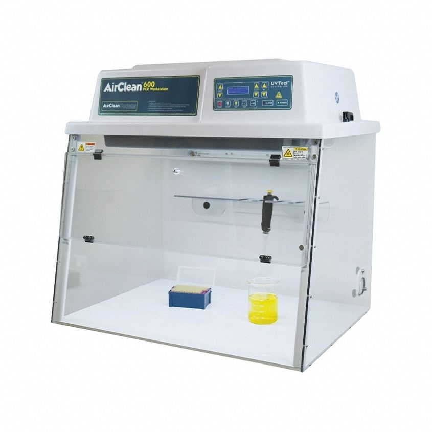 AIRCLEAN SYSTEMS PCR Workstation: AC600, 24 in Overall Wd, 30 in Overall Ht, 24 in Overall Dp, Clear (MPN AC632LFUVC). Key specifications — Assembly: Fully Assembled; Brand: AIRCLEAN SYSTEMS; Base/Stand Included: Yes; Blower Included: Yes; Work Surface Included: Yes.