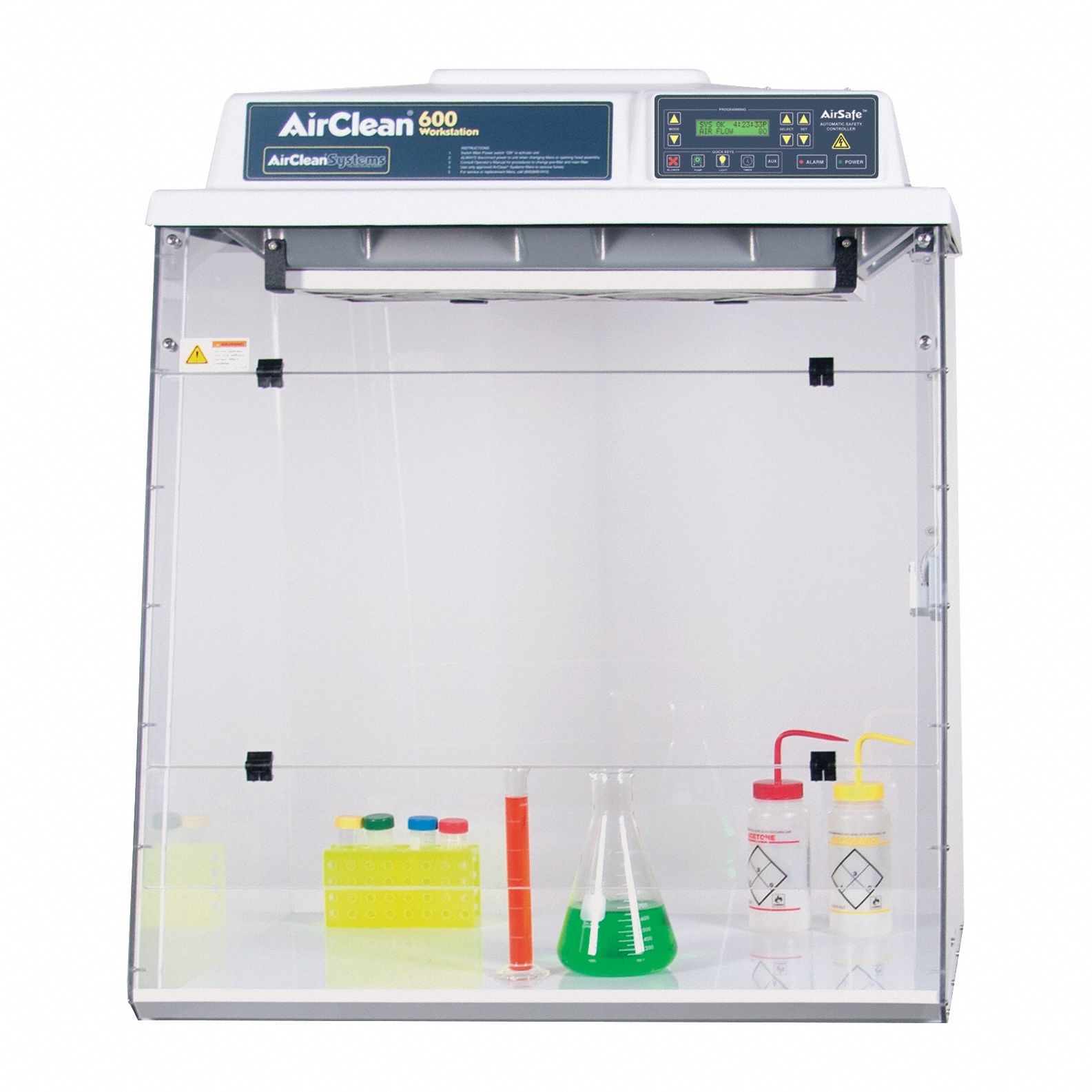 AIRCLEAN SYSTEMS Ductless Chemical Workstation: AC600, 32 in Overall Wd, 40 in Overall Ht, Clear (MPN AC632TA). Key specifications — Assembly: Fully Assembled; Brand: AIRCLEAN SYSTEMS; Base/Stand Included: Yes; Blower Included: Yes; Work Surface Included: Yes.