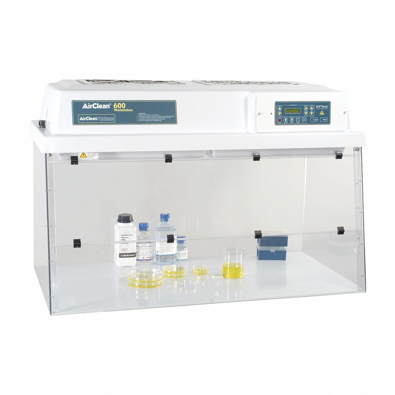 AIRCLEAN SYSTEMS Laminar Flow Workstation: AC600, 48 in Overall Wd, 24 in Overall Dp, HEPA/Prefilter (MPN AC648LFC). Key specifications — Assembly: Fully Assembled; Brand: AIRCLEAN SYSTEMS; Base/Stand Included: Yes; Work Surface Included: Yes.
