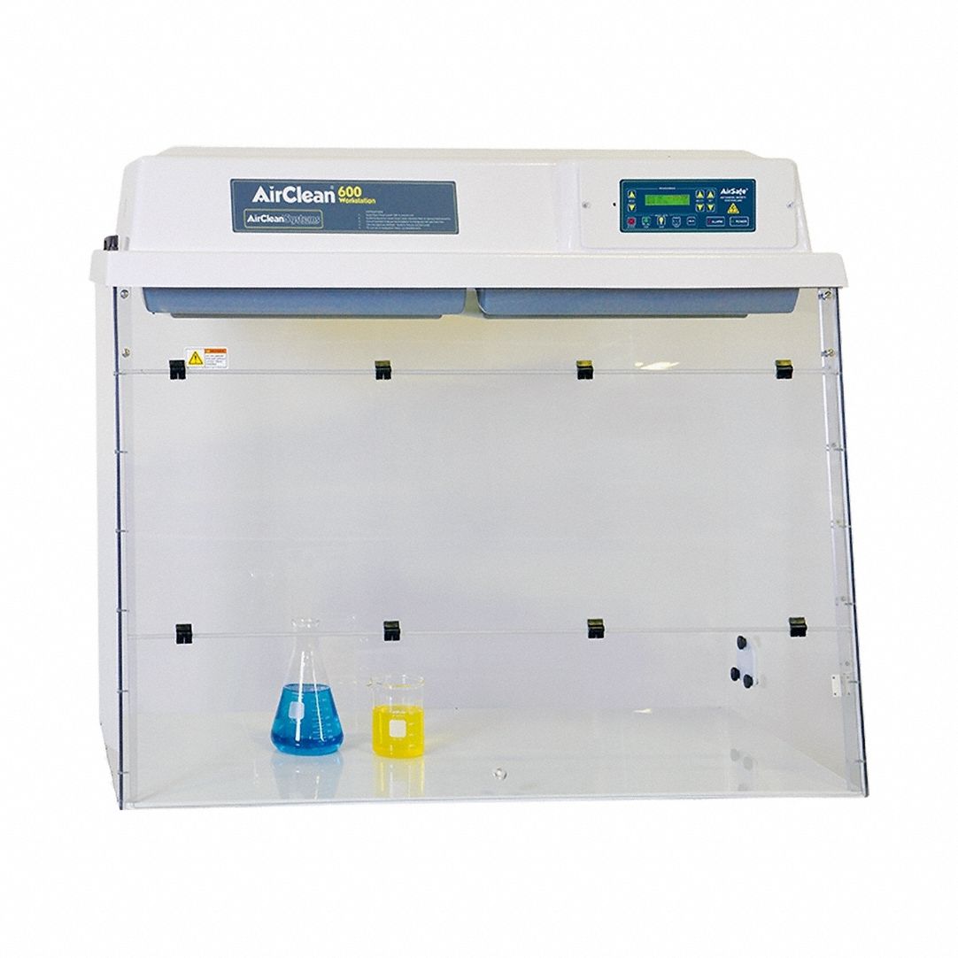 AIRCLEAN SYSTEMS Ductless Chemical Workstation: AC600, 48 in Overall Wd, 41 in Overall Ht, Clear (MPN AC648TA). Key specifications — Assembly: Fully Assembled; Brand: AIRCLEAN SYSTEMS; Base/Stand Included: Yes; Blower Included: Yes; Work Surface Included: Yes.