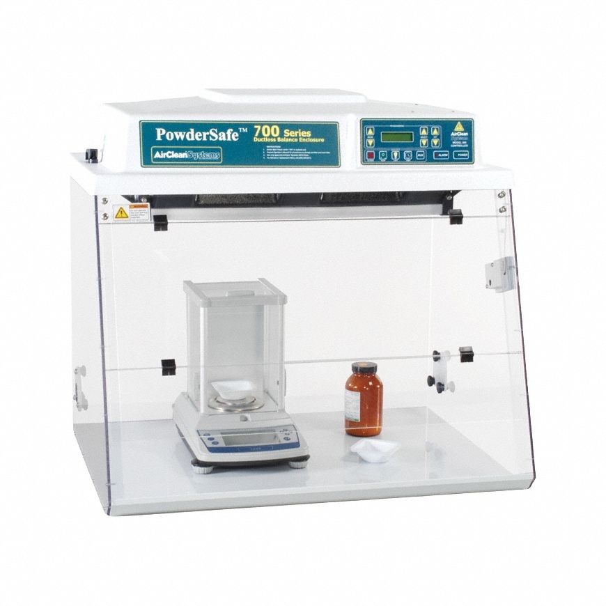 AIRCLEAN SYSTEMS Balance Enclosure: PowderSafe, 32 in Overall Wd, 30 in Overall Ht, 24 in Overall Dp (MPN AC710C). Key specifications — Assembly: Fully Assembled; Brand: AIRCLEAN SYSTEMS; Base/Stand Included: Yes; Blower Included: Yes; Work Surface Included: Yes.