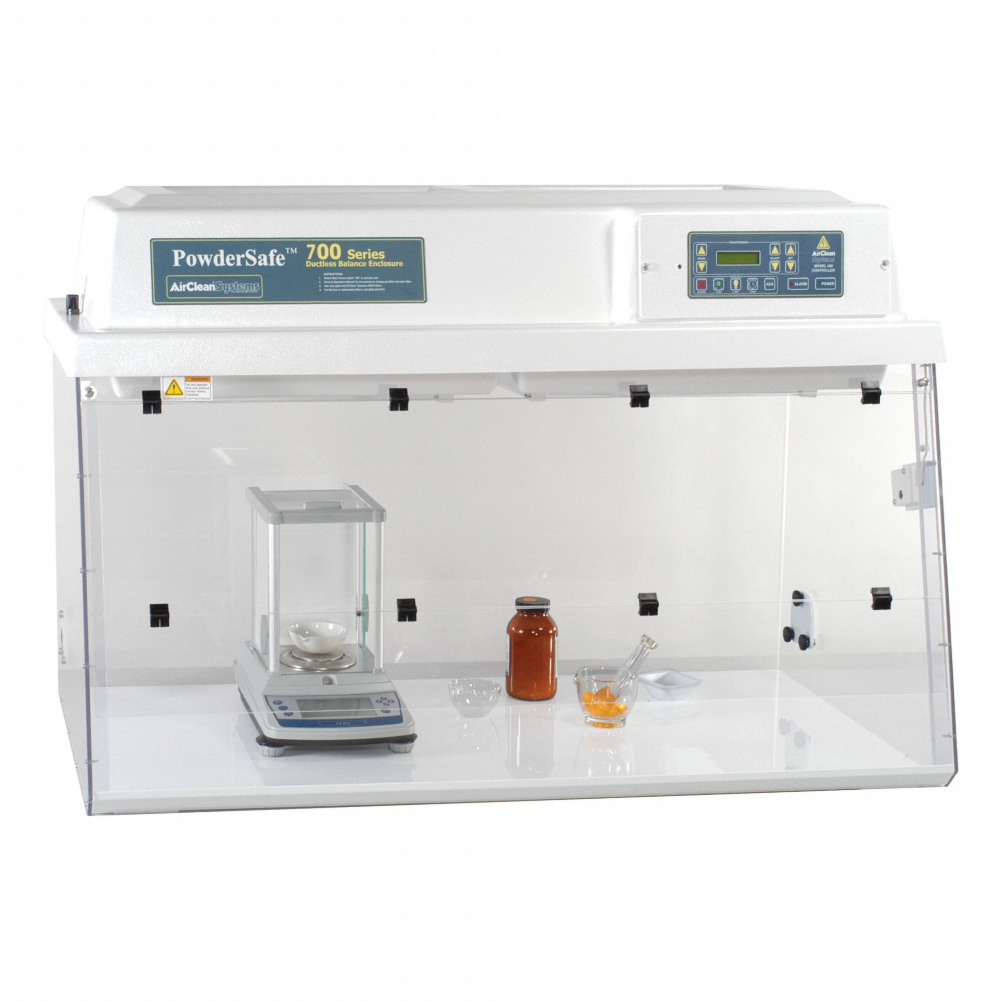 AIRCLEAN SYSTEMS Balance Enclosure: PowderSafe, 48 in Overall Wd, 30 in Overall Ht, 24 in Overall Dp (MPN AC720C). Key specifications — Assembly: Fully Assembled; Brand: AIRCLEAN SYSTEMS; Base/Stand Included: Yes; Blower Included: Yes; Work Surface Included: Yes.