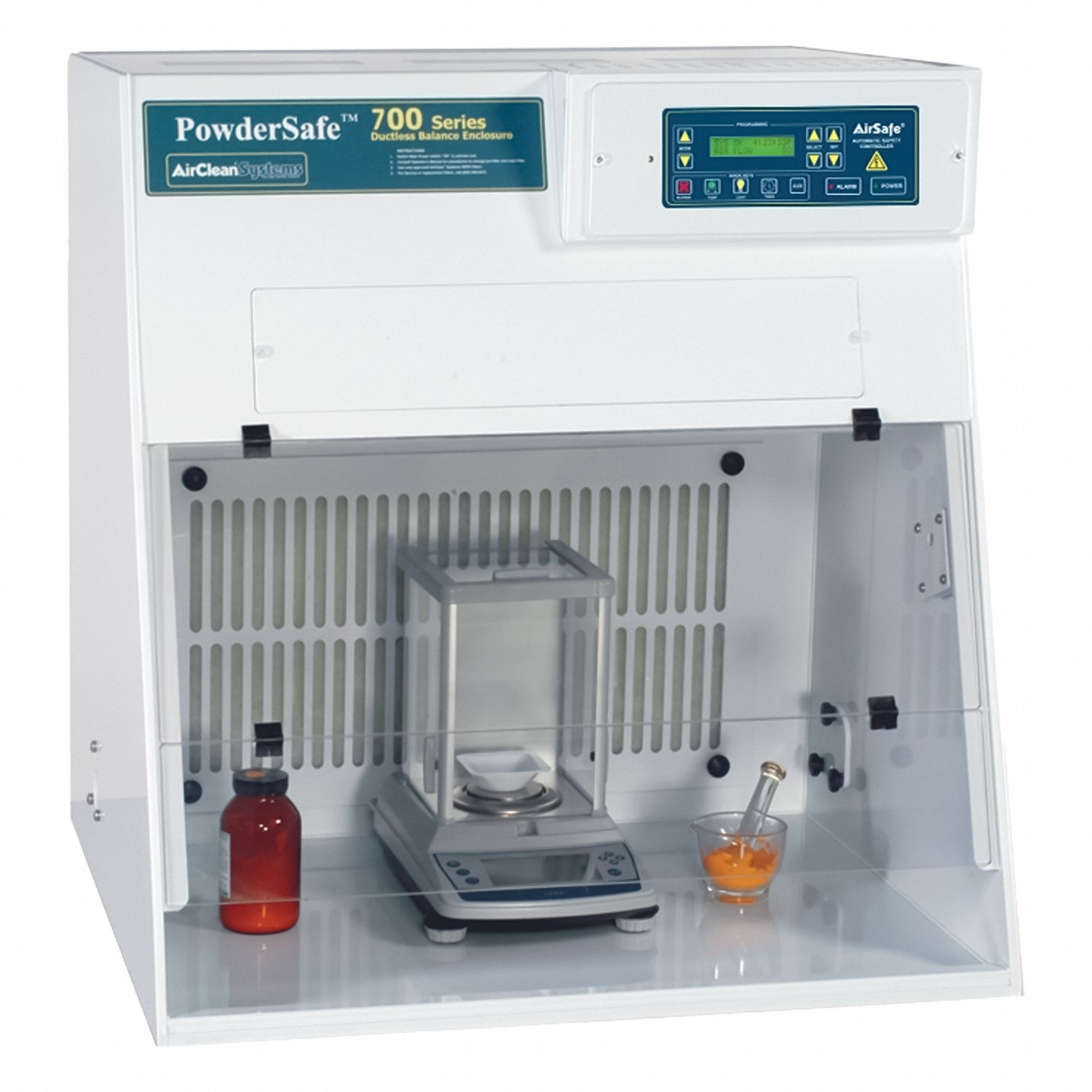 AIRCLEAN SYSTEMS Balance Enclosure: PowderSafe, 32 in Overall Wd, 33 in Overall Ht, 30 in Overall Dp (MPN AC730C). Key specifications — Assembly: Fully Assembled; Brand: AIRCLEAN SYSTEMS; Base/Stand Included: Yes; Blower Included: Yes; Work Surface Included: Yes.
