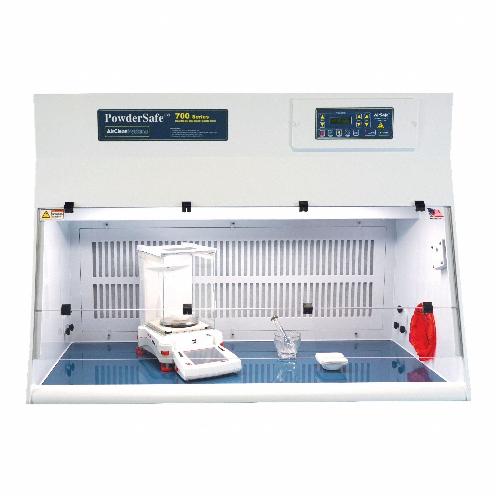 AIRCLEAN SYSTEMS Balance Enclosure: PowderSafe, 48 in Overall Wd, 33 in Overall Ht, 30 in Overall Dp (MPN AC740C). Key specifications — Assembly: Fully Assembled; Brand: AIRCLEAN SYSTEMS; Base/Stand Included: Yes; Blower Included: Yes; Work Surface Included: Yes.