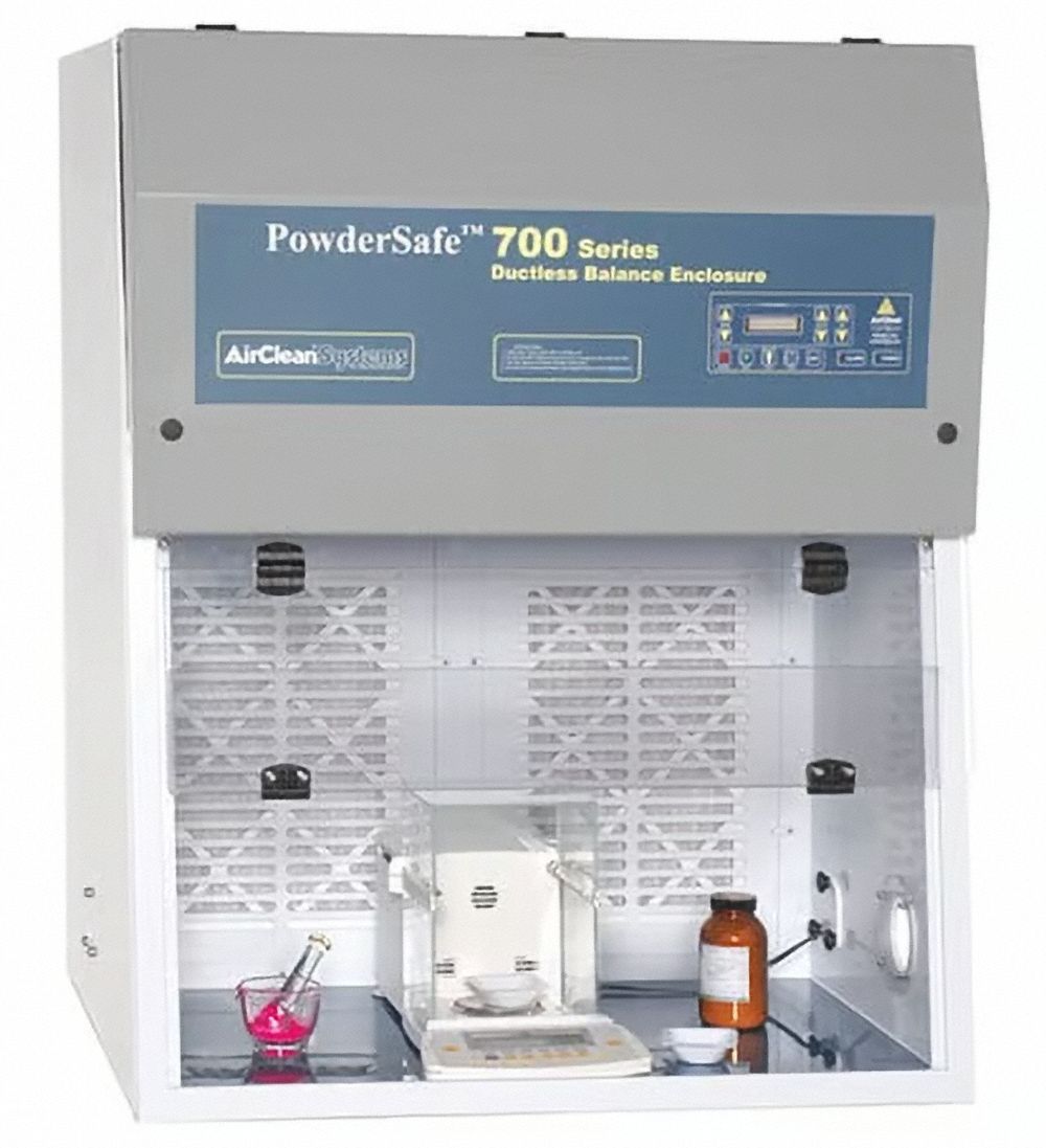 AIRCLEAN SYSTEMS Balance Enclosure: PowderSafe, 48 in Overall Wd, 54 in Overall Ht, 30 in Overall Dp (MPN AC775C). Key specifications — Assembly: Fully Assembled; Brand: AIRCLEAN SYSTEMS; Base/Stand Included: Yes; Blower Included: Yes; Work Surface Included: Yes.
