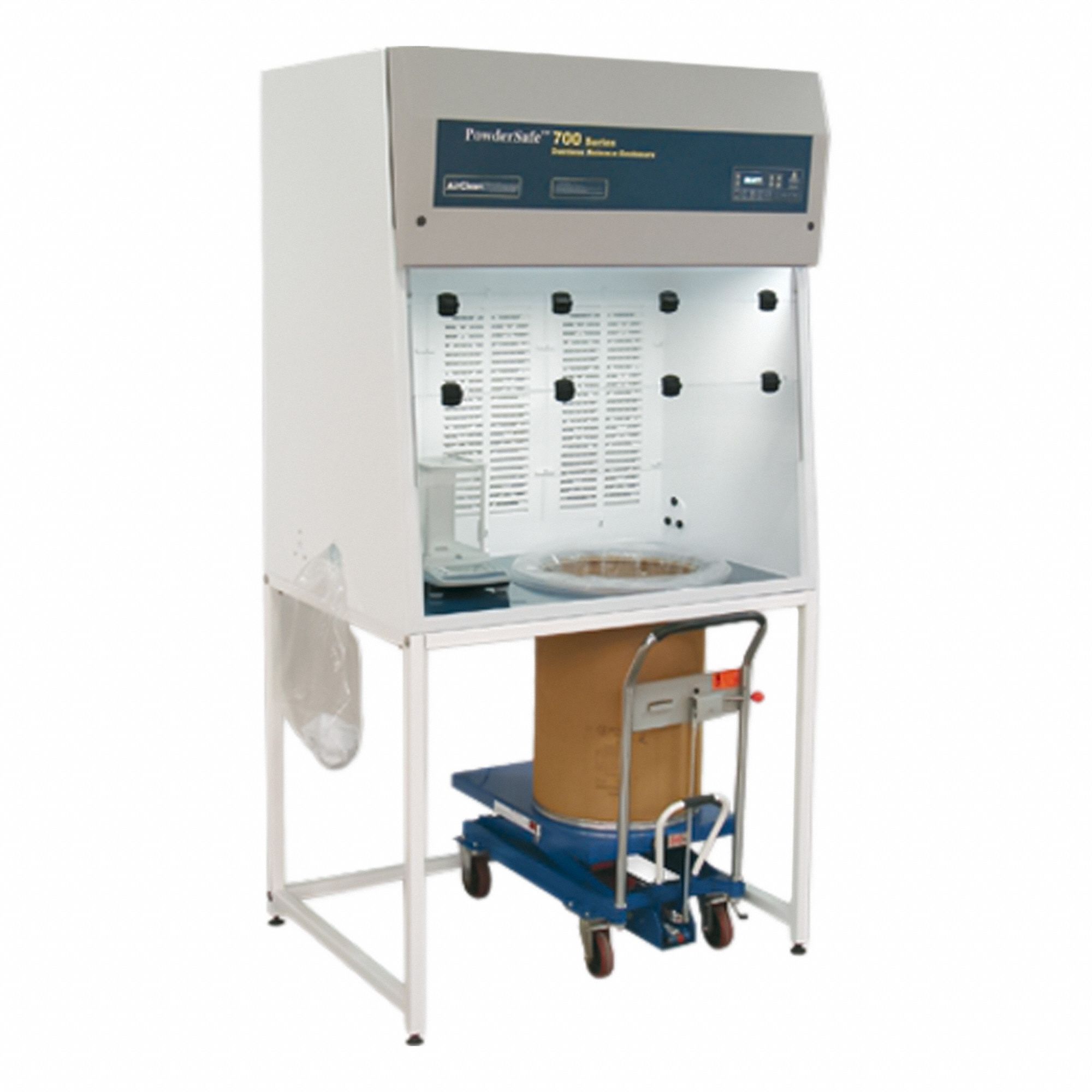 AIRCLEAN SYSTEMS Bulk Handling Enclosure: PowderSafe, 48 in Overall Wd, 54 in Overall Ht, 110V AC (MPN AC794BE). Key specifications — Assembly: Fully Assembled; Brand: AIRCLEAN SYSTEMS; Base/Stand Included: Yes; Blower Included: Yes; Work Surface Included: Yes.
