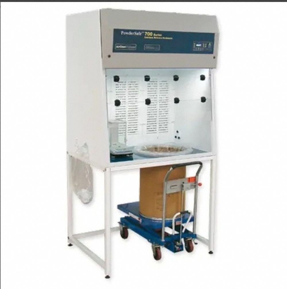 AIRCLEAN SYSTEMS Bulk Handling Enclosure: PowderSafe, 60 in Overall Wd, 54 in Overall Ht, 110V AC (MPN AC795BE). Key specifications — Assembly: Fully Assembled; Brand: AIRCLEAN SYSTEMS; Base/Stand Included: Yes; Blower Included: Yes; Work Surface Included: Yes.