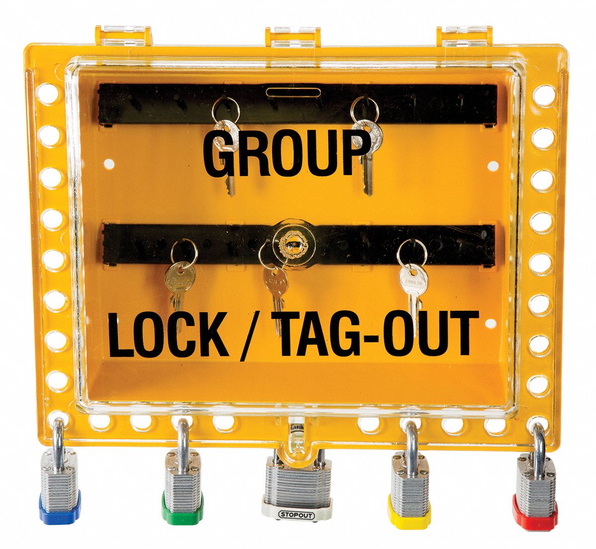 GROUP LOCKOUT LOCK BOX, POLYCARBONATE, YELLOW, 3.375 IN D X 10½ IN H X 12 3/4 IN W
