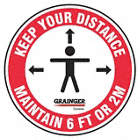 SAFETY FLOOR SIGN, CIRCLE, KEEP YOUR DISTANCE - MAINTAIN 6 FT OR 2 M, WHITE/RED, 17 X 17 IN, VINYL